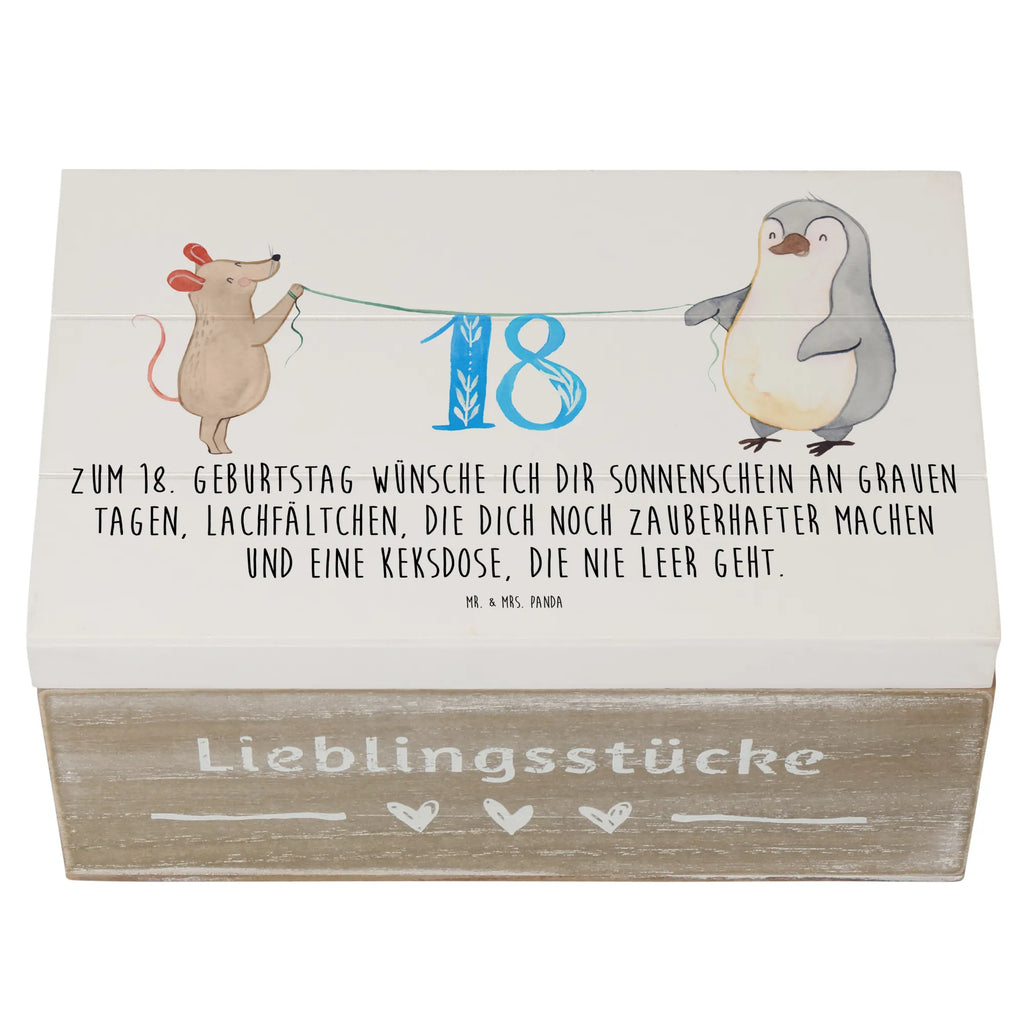 Holzkiste 18. Geburtstag Maus Pinguin Holzkiste, Kiste, Schatzkiste, Truhe, Schatulle, XXL, Erinnerungsbox, Erinnerungskiste, Dekokiste, Aufbewahrungsbox, Geschenkbox, Geschenkdose, Geburtstag, Geburtstagsgeschenk, Geschenk, Party, Feiern, Torte, Kuchen