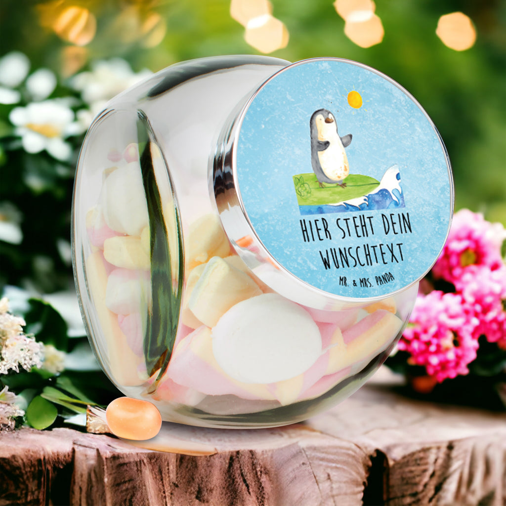 Personalisiertes Bonbonglas Pinguin Surfer Vorratsdose, Vorratsbehälter, Süßigkeitenglas, Süßigkeitendose, Kaffeedose, Müslidose, Teedose, Keksbehälter, Keksedose, Glasdose, Glasbälter, Vorratsglas, Küchenbehälter, Aufbewahrungsdose, Aufbewahungsglas, Gewürzdose, Küchenorganizer, Snackdose, Pinguin, Pinguine, surfen, Surfer, Hawaii, Urlaub, Wellen, Wellen reiten, Portugal