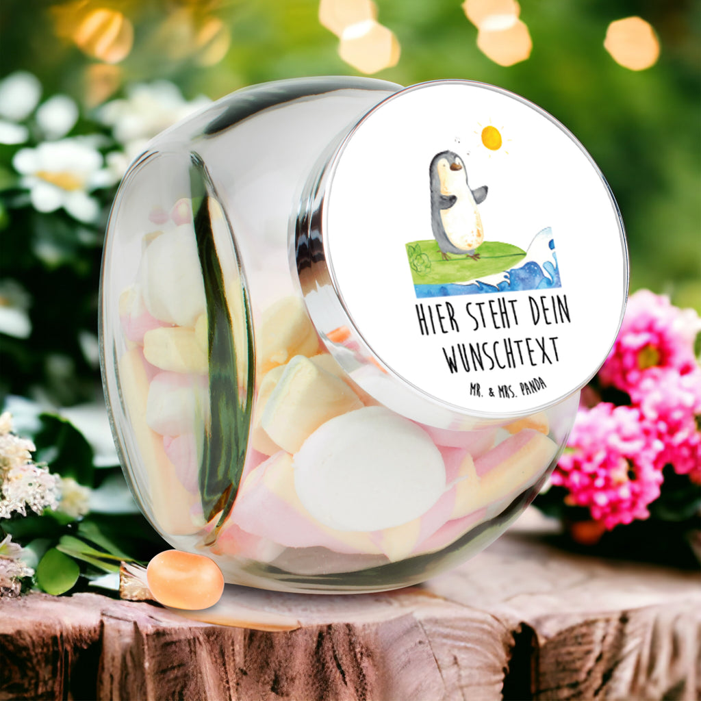 Personalisiertes Bonbonglas Pinguin Surfer Vorratsdose, Vorratsbehälter, Süßigkeitenglas, Süßigkeitendose, Kaffeedose, Müslidose, Teedose, Keksbehälter, Keksedose, Glasdose, Glasbälter, Vorratsglas, Küchenbehälter, Aufbewahrungsdose, Aufbewahungsglas, Gewürzdose, Küchenorganizer, Snackdose, Pinguin, Pinguine, surfen, Surfer, Hawaii, Urlaub, Wellen, Wellen reiten, Portugal