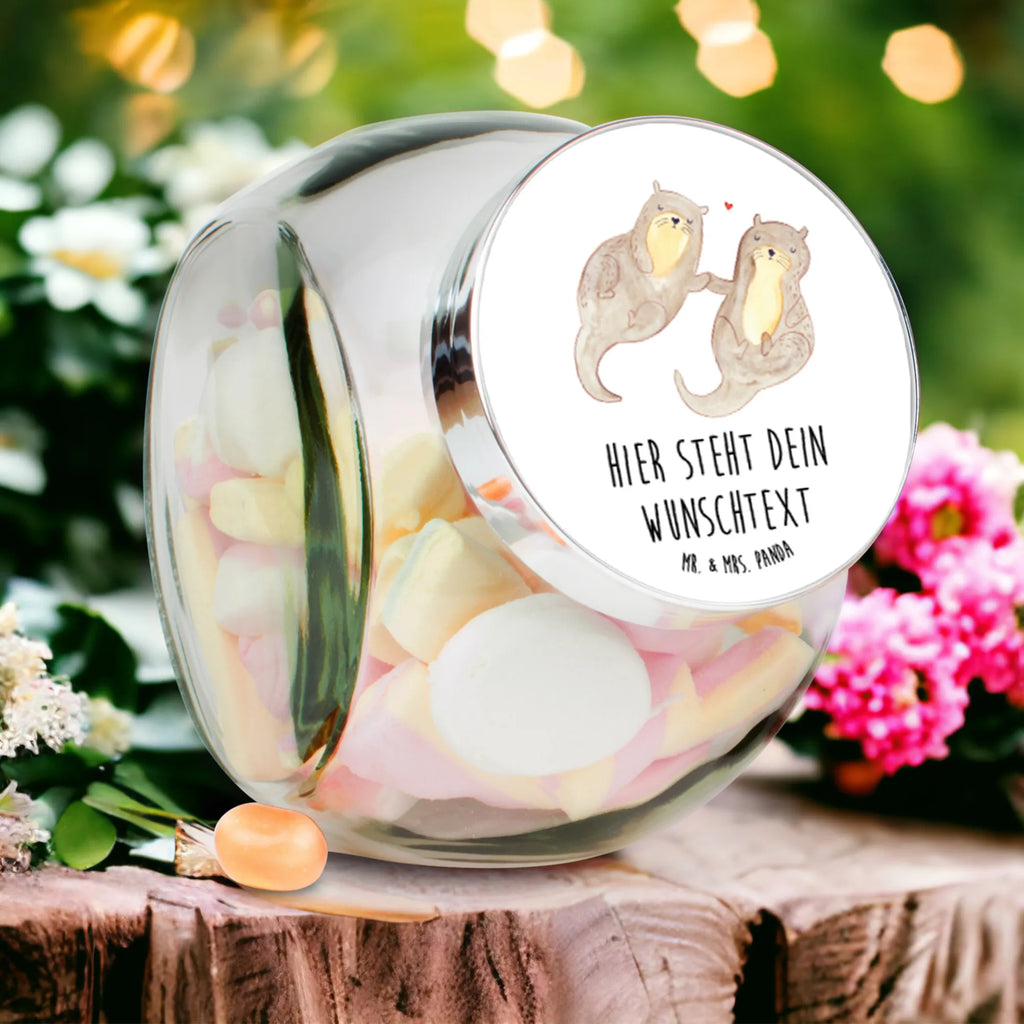 Personalisiertes Bonbonglas Otter händchenhaltend Vorratsdose, Vorratsbehälter, Süßigkeitenglas, Süßigkeitendose, Kaffeedose, Müslidose, Teedose, Keksbehälter, Keksedose, Glasdose, Glasbälter, Vorratsglas, Küchenbehälter, Aufbewahrungsdose, Aufbewahungsglas, Gewürzdose, Küchenorganizer, Snackdose, Otter, Fischotter, Seeotter, Otter Seeotter See Otter