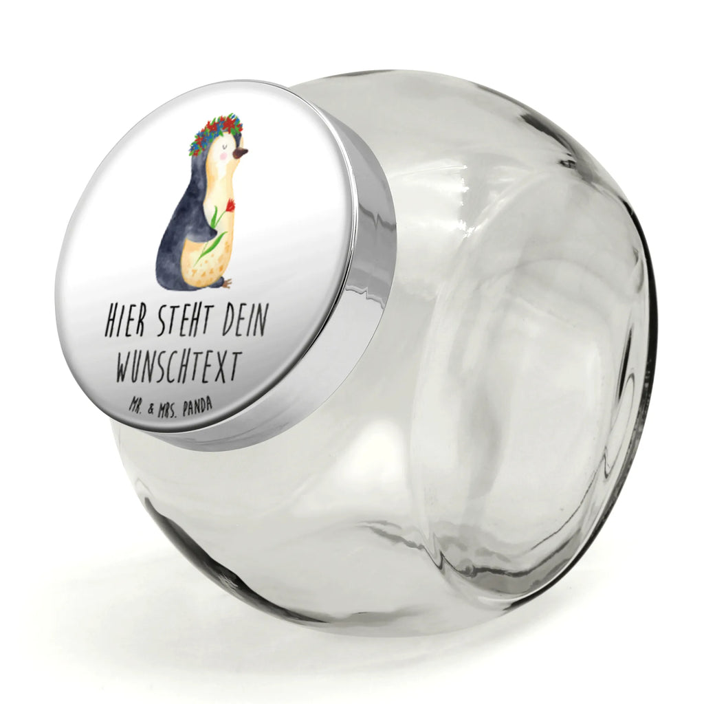 Personalisiertes Bonbonglas Pinguin Blumenkranz Vorratsdose, Vorratsbehälter, Süßigkeitenglas, Süßigkeitendose, Kaffeedose, Müslidose, Teedose, Keksbehälter, Keksedose, Glasdose, Glasbälter, Vorratsglas, Küchenbehälter, Aufbewahrungsdose, Aufbewahungsglas, Gewürzdose, Küchenorganizer, Snackdose, Pinguin, Pinguine, Blumenkranz, Universum, Leben, Wünsche, Ziele, Lebensziele, Motivation, Lebenslust, Liebeskummer, Geschenkidee