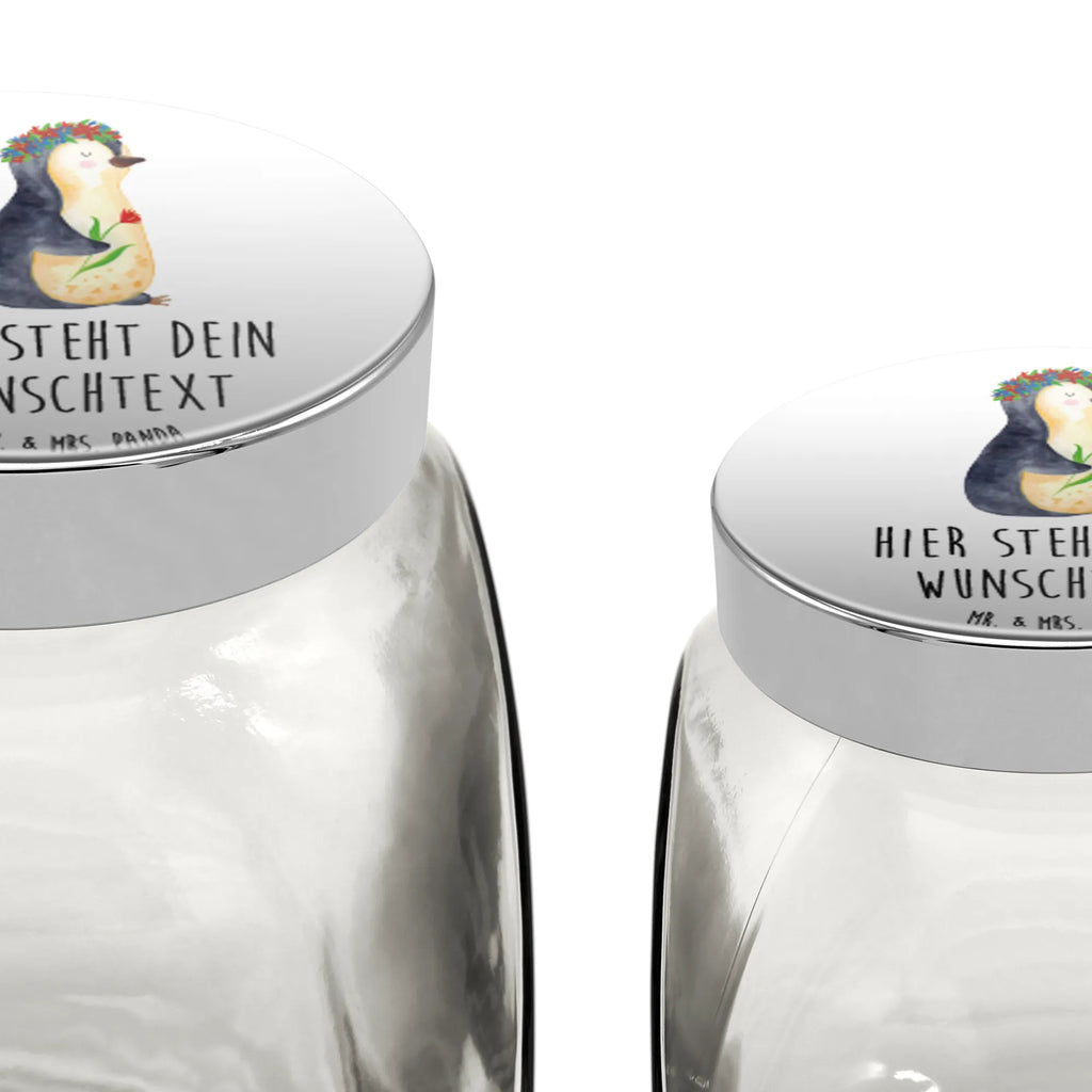 Personalisiertes Bonbonglas Pinguin Blumenkranz Vorratsdose, Vorratsbehälter, Süßigkeitenglas, Süßigkeitendose, Kaffeedose, Müslidose, Teedose, Keksbehälter, Keksedose, Glasdose, Glasbälter, Vorratsglas, Küchenbehälter, Aufbewahrungsdose, Aufbewahungsglas, Gewürzdose, Küchenorganizer, Snackdose, Pinguin, Pinguine, Blumenkranz, Universum, Leben, Wünsche, Ziele, Lebensziele, Motivation, Lebenslust, Liebeskummer, Geschenkidee