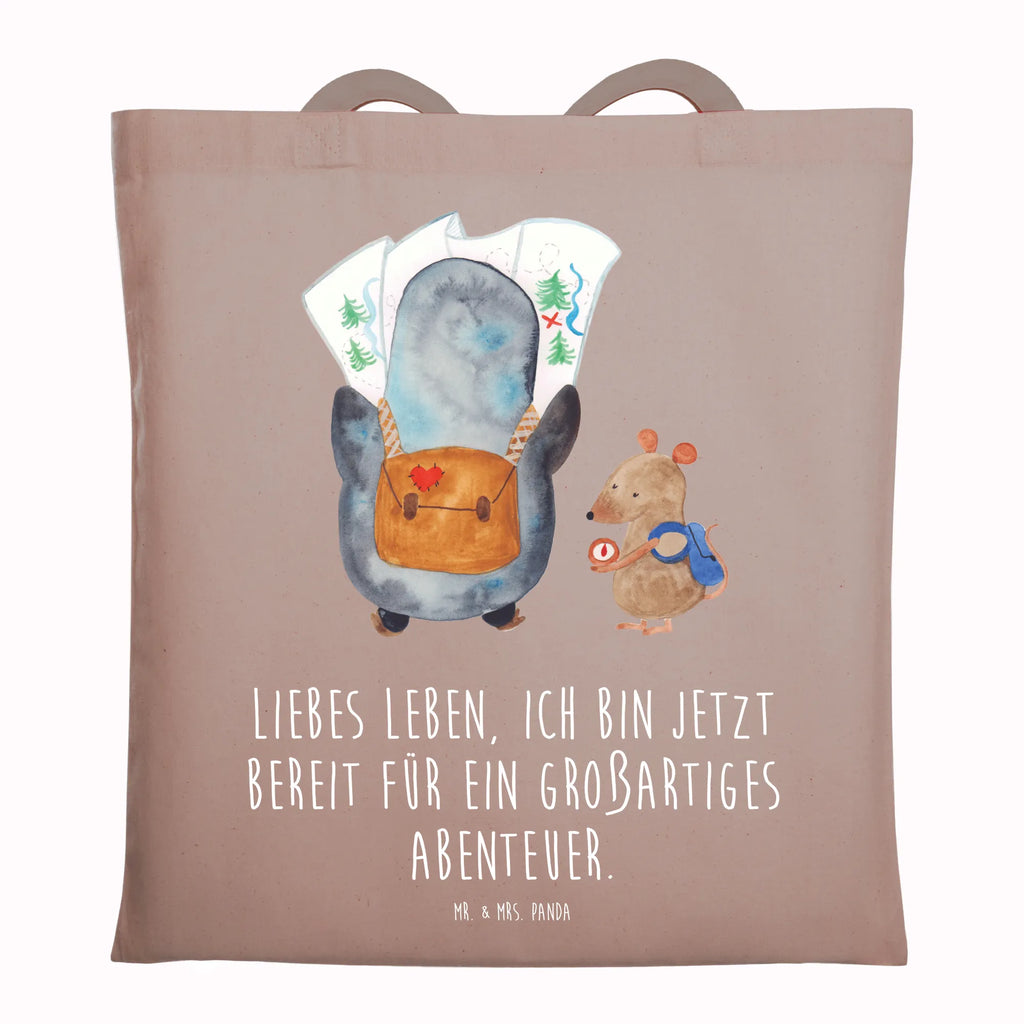 Tragetasche Pinguin & Maus Wanderer Beuteltasche, Beutel, Einkaufstasche, Jutebeutel, Stoffbeutel, Tasche, Shopper, Umhängetasche, Strandtasche, Schultertasche, Stofftasche, Tragetasche, Badetasche, Jutetasche, Einkaufstüte, Laptoptasche, Pinguin, Pinguine, Abenteurer, Abenteuer, Roadtrip, Ausflug, Wanderlust, wandern