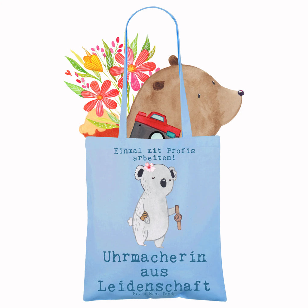 Tragetasche Uhrmacherin aus Leidenschaft Beuteltasche, Beutel, Einkaufstasche, Jutebeutel, Stoffbeutel, Tasche, Shopper, Umhängetasche, Strandtasche, Schultertasche, Stofftasche, Tragetasche, Badetasche, Jutetasche, Einkaufstüte, Laptoptasche, Beruf, Ausbildung, Jubiläum, Abschied, Rente, Kollege, Kollegin, Geschenk, Schenken, Arbeitskollege, Mitarbeiter, Firma, Danke, Dankeschön