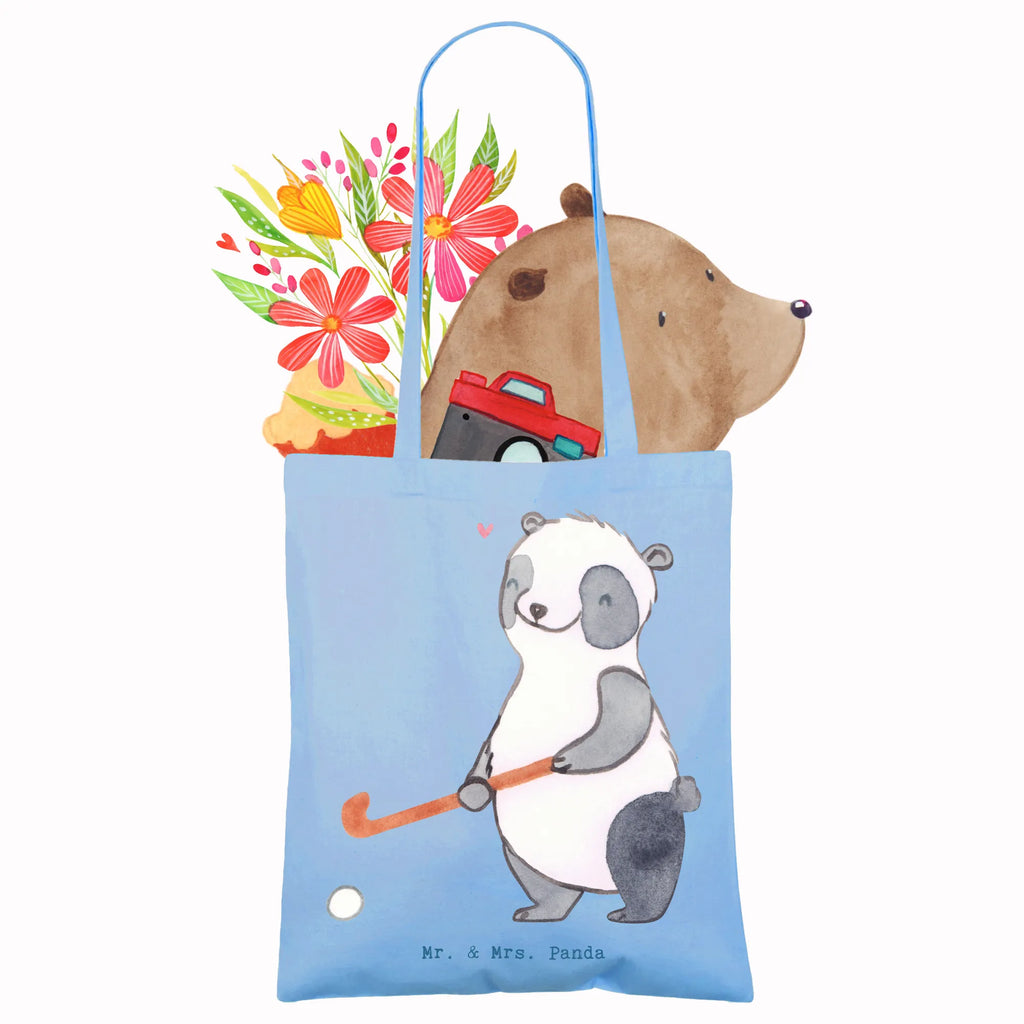 Tragetasche Panda Hockey spielen Beuteltasche, Beutel, Einkaufstasche, Jutebeutel, Stoffbeutel, Tasche, Shopper, Umhängetasche, Strandtasche, Schultertasche, Stofftasche, Tragetasche, Badetasche, Jutetasche, Einkaufstüte, Laptoptasche, Geschenk, Sport, Sportart, Hobby, Schenken, Danke, Dankeschön, Auszeichnung, Gewinn, Sportler, Hockey spielen, Feldhockey, Hockeyschläger, Hockey Verein