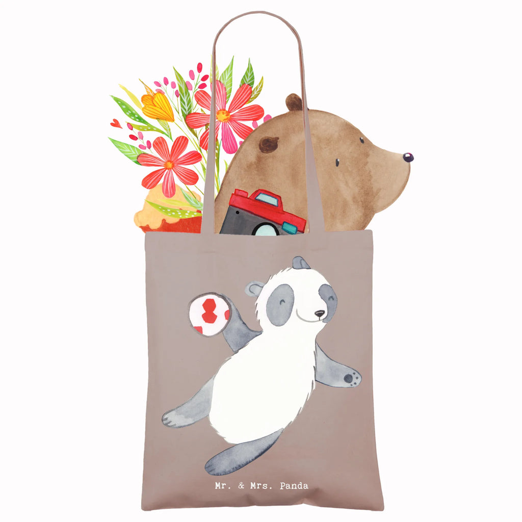 Tragetasche Panda Handball spielen Beuteltasche, Beutel, Einkaufstasche, Jutebeutel, Stoffbeutel, Tasche, Shopper, Umhängetasche, Strandtasche, Schultertasche, Stofftasche, Tragetasche, Badetasche, Jutetasche, Einkaufstüte, Laptoptasche, Geschenk, Sport, Sportart, Hobby, Schenken, Danke, Dankeschön, Auszeichnung, Gewinn, Sportler, Handball spielen, Handball Turnier, Handball Club, Handball Verein