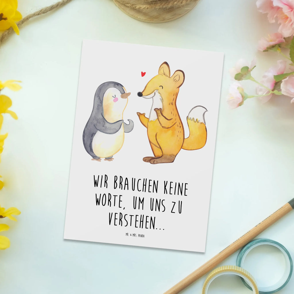 Postkarte Fuchs & Pinguin gehörlos Postkarte, Karte, Geschenkkarte, Grußkarte, Einladung, Ansichtskarte, Geburtstagskarte, Einladungskarte, Dankeskarte, Ansichtskarten, Einladung Geburtstag, Einladungskarten Geburtstag, Gebärdensprache, gehörlos, Fuchs, Pinguin