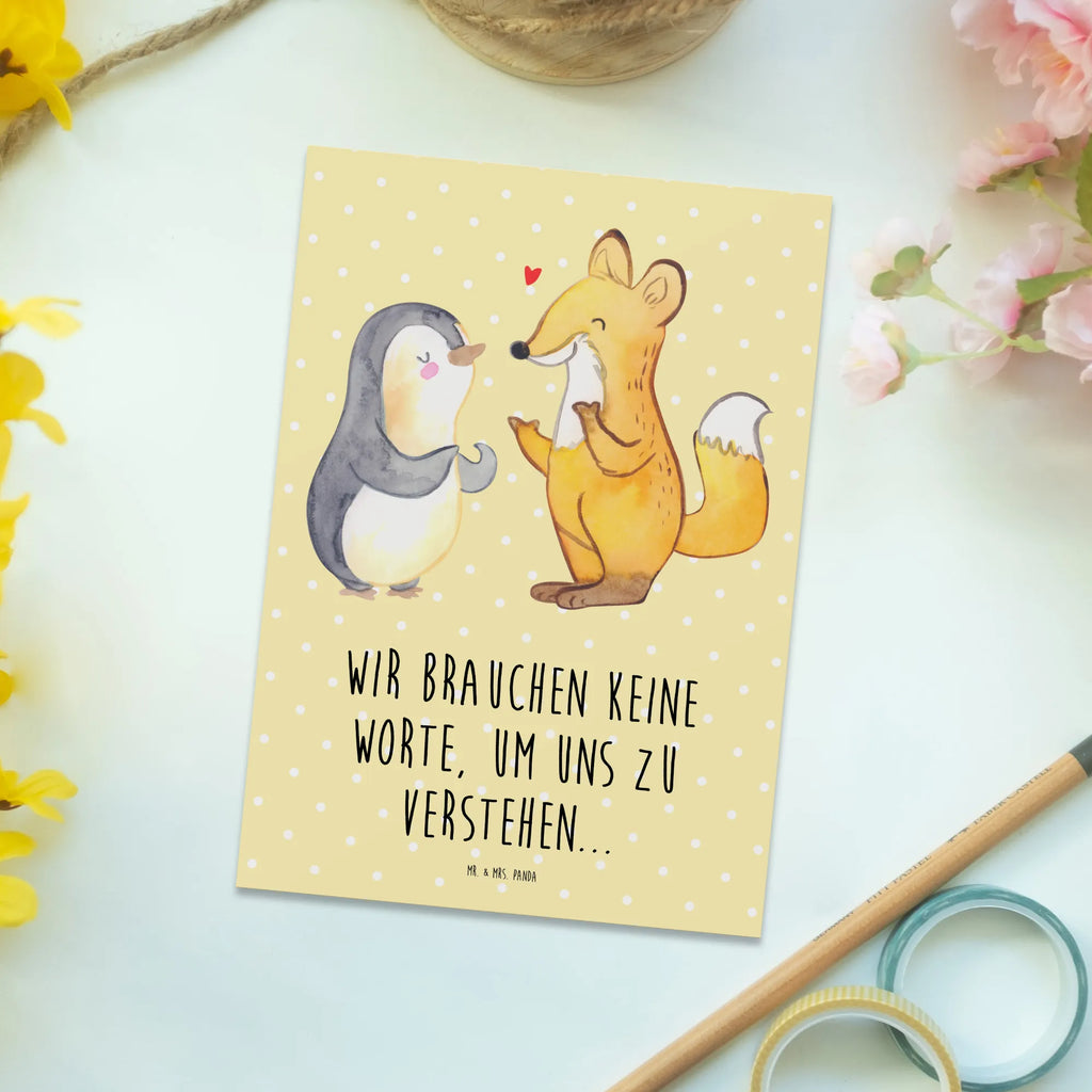 Postkarte Fuchs & Pinguin gehörlos Postkarte, Karte, Geschenkkarte, Grußkarte, Einladung, Ansichtskarte, Geburtstagskarte, Einladungskarte, Dankeskarte, Ansichtskarten, Einladung Geburtstag, Einladungskarten Geburtstag, Gebärdensprache, gehörlos, Fuchs, Pinguin