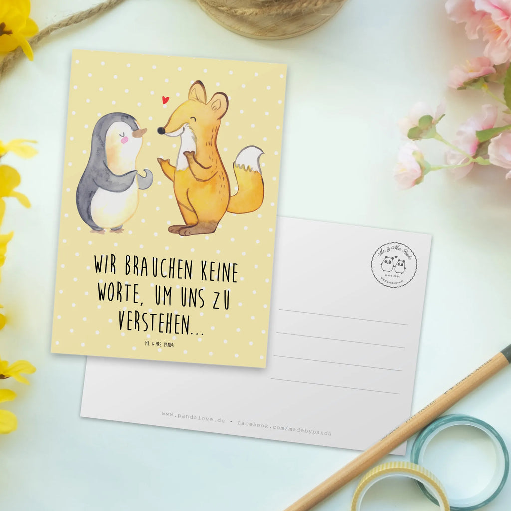 Postkarte Fuchs & Pinguin gehörlos Postkarte, Karte, Geschenkkarte, Grußkarte, Einladung, Ansichtskarte, Geburtstagskarte, Einladungskarte, Dankeskarte, Ansichtskarten, Einladung Geburtstag, Einladungskarten Geburtstag, Gebärdensprache, gehörlos, Fuchs, Pinguin