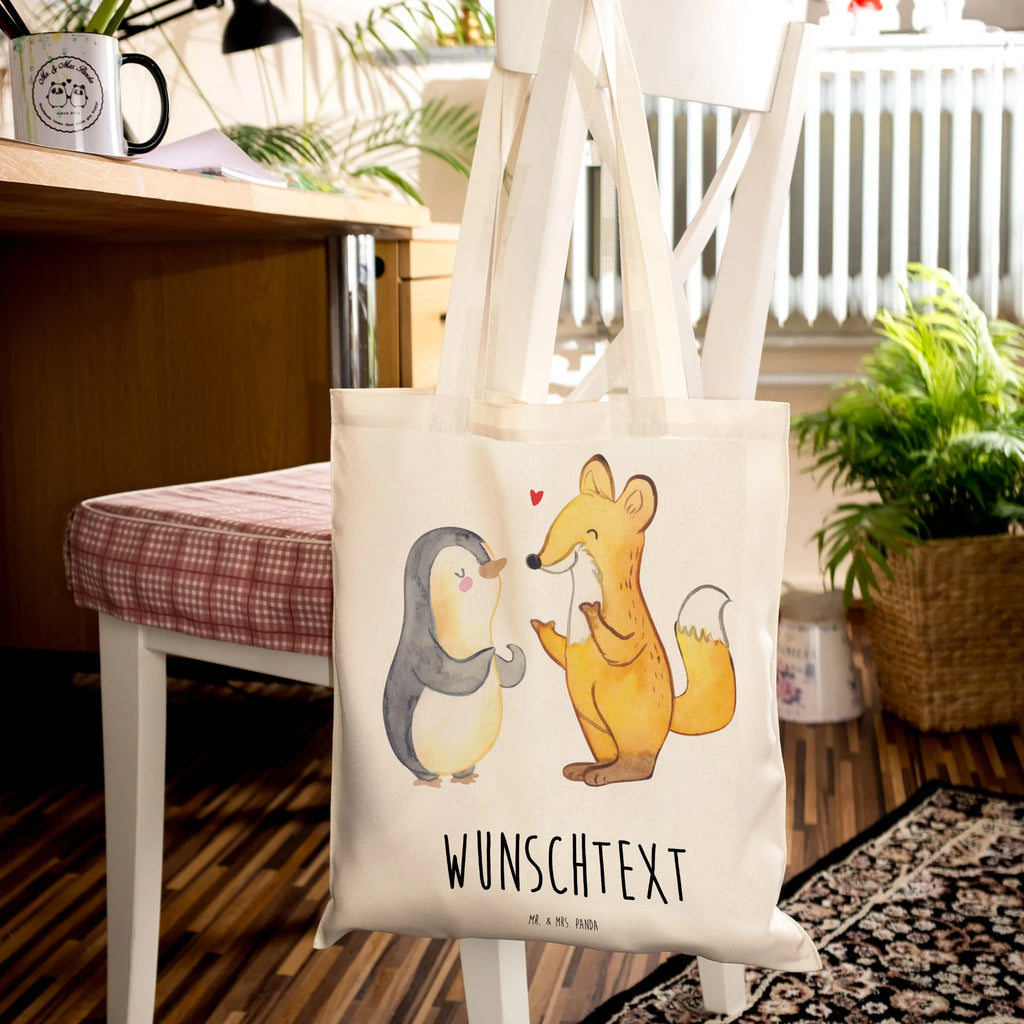 Personalisierte Tragetasche Fuchs & Pinguin gehörlos Personalisierte Beuteltasche, Personalisierter Beutel, Personalisierte Einkaufstasche, Personalisierter Jutebeutel, Personalisierter Stoffbeutel, Tragetasche mit Namen, Einkaufstasche mit Namen, Stoffbeutel mit Namen, Personalisierte Tasche, Personalisierte Jutetasche, Personalisierte Kindergartentasche, Gebärdensprache, gehörlos, Fuchs, Pinguin