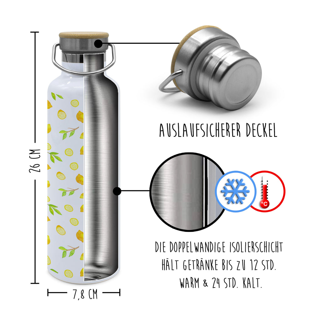 Trinkflasche Frische Zitronen Muster Thermosflasche, Isolierflasche, Edelstahl, Trinkflasche, isoliert, Wamrhaltefunktion, Sportflasche, Flasche zum Sport, Sportlerflasche, Zitronen Muster, Zitrusfrüchte Muster, Zitrone