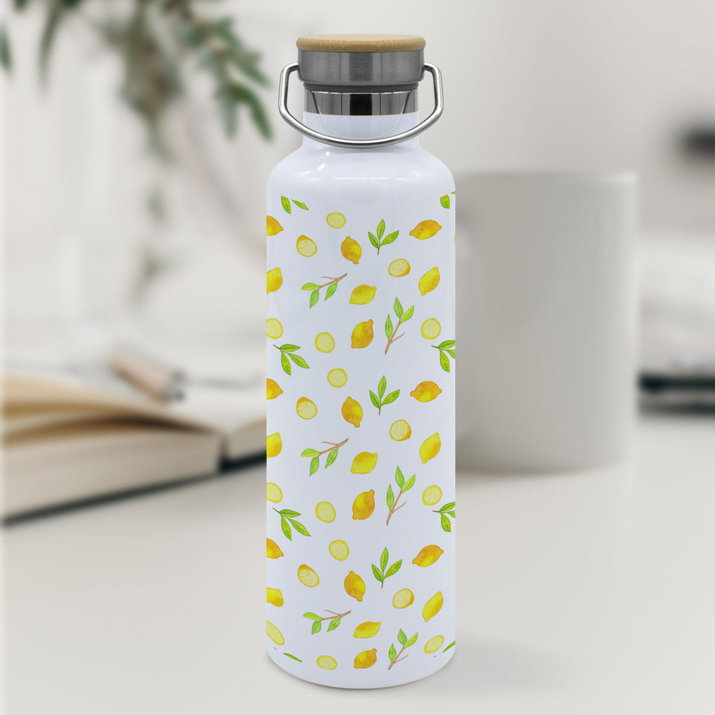 Trinkflasche Frische Zitronen Muster Thermosflasche, Isolierflasche, Edelstahl, Trinkflasche, isoliert, Wamrhaltefunktion, Sportflasche, Flasche zum Sport, Sportlerflasche, Zitronen Muster, Zitrusfrüchte Muster, Zitrone