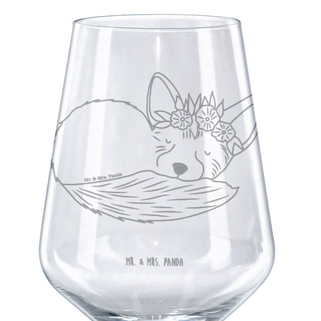 Rotwein Glas Wüstenfuchs Blumenkranz Rotweinglas, Weinglas, Rotwein Glas, Weinglas mit Gravur, Geschenk für Weinliebhaber, Spülmaschinenfeste Weingläser, Hochwertige Weinaccessoires, Afrika, Wildtiere, Wüste, Wüstenfuchs, Blumen, Blumenkranz, Glücklich