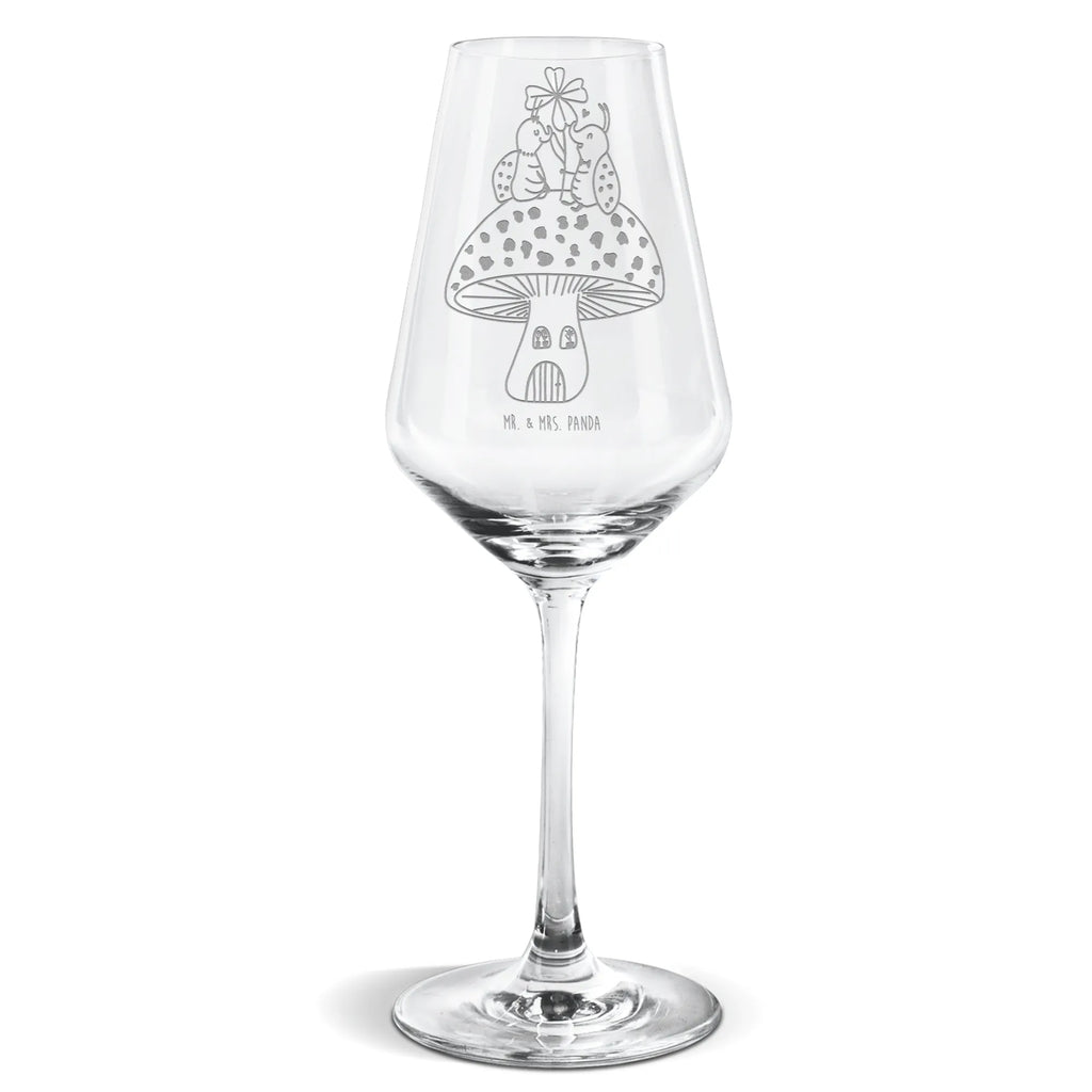 Weißwein Glas Marienkäfer Paar Fliegenpilz Weißweinglas, Weinglas, Weißwein Glas, Weinglas mit Gravur, Geschenk für Weinliebhaber, Spülmaschinenfeste Weingläser, Hochwertige Weinaccessoires, Tiermotive, Gute Laune, lustige Sprüche, Tiere, Haus, Wohnung, zuhause, Fliegenpilz, Marienkäfer, Fleigenpilzhaus