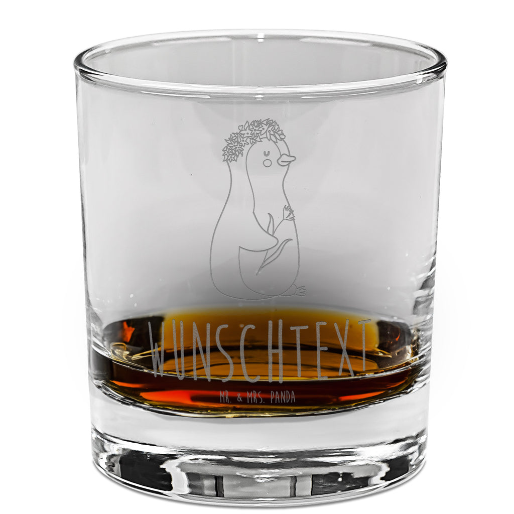 Personalisiertes Whiskey Glas Pinguin Blumenkranz Whiskeylgas, Whiskey Glas, Whiskey Glas mit Gravur, Whiskeyglas mit Spruch, Whiskey Glas mit Sprüchen, Pinguin, Pinguine, Blumenkranz, Universum, Leben, Wünsche, Ziele, Lebensziele, Motivation, Lebenslust, Liebeskummer, Geschenkidee