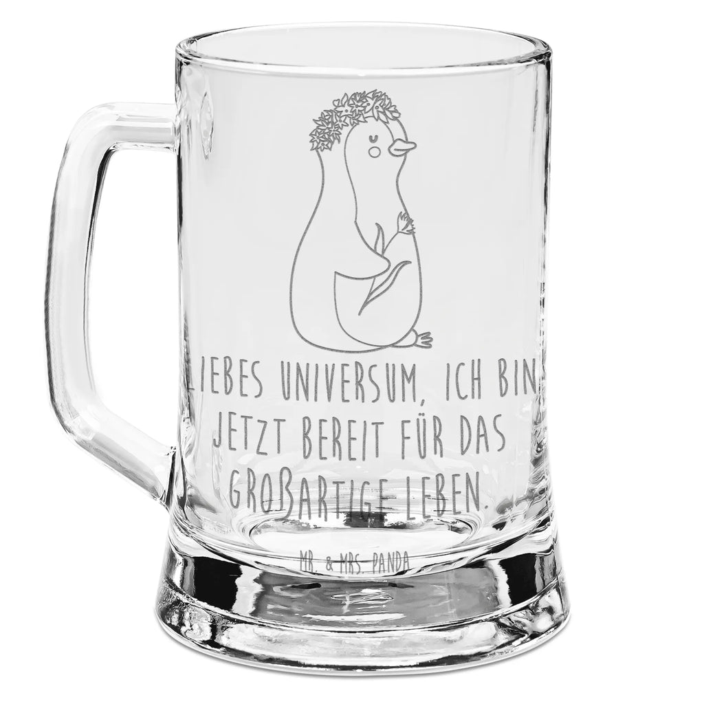 Gravur Bierkrug Pinguin Blumen Bierkrug, Bier Krug, Bierkrug Glas, Vatertag, Pinguin, Pinguine, Blumenkranz, Universum, Leben, Wünsche, Ziele, Lebensziele, Motivation, Lebenslust, Liebeskummer, Geschenkidee