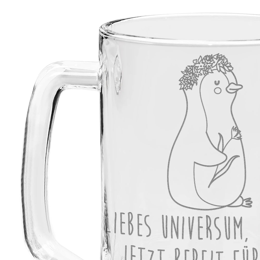 Gravur Bierkrug Pinguin Blumen Bierkrug, Bier Krug, Bierkrug Glas, Vatertag, Pinguin, Pinguine, Blumenkranz, Universum, Leben, Wünsche, Ziele, Lebensziele, Motivation, Lebenslust, Liebeskummer, Geschenkidee