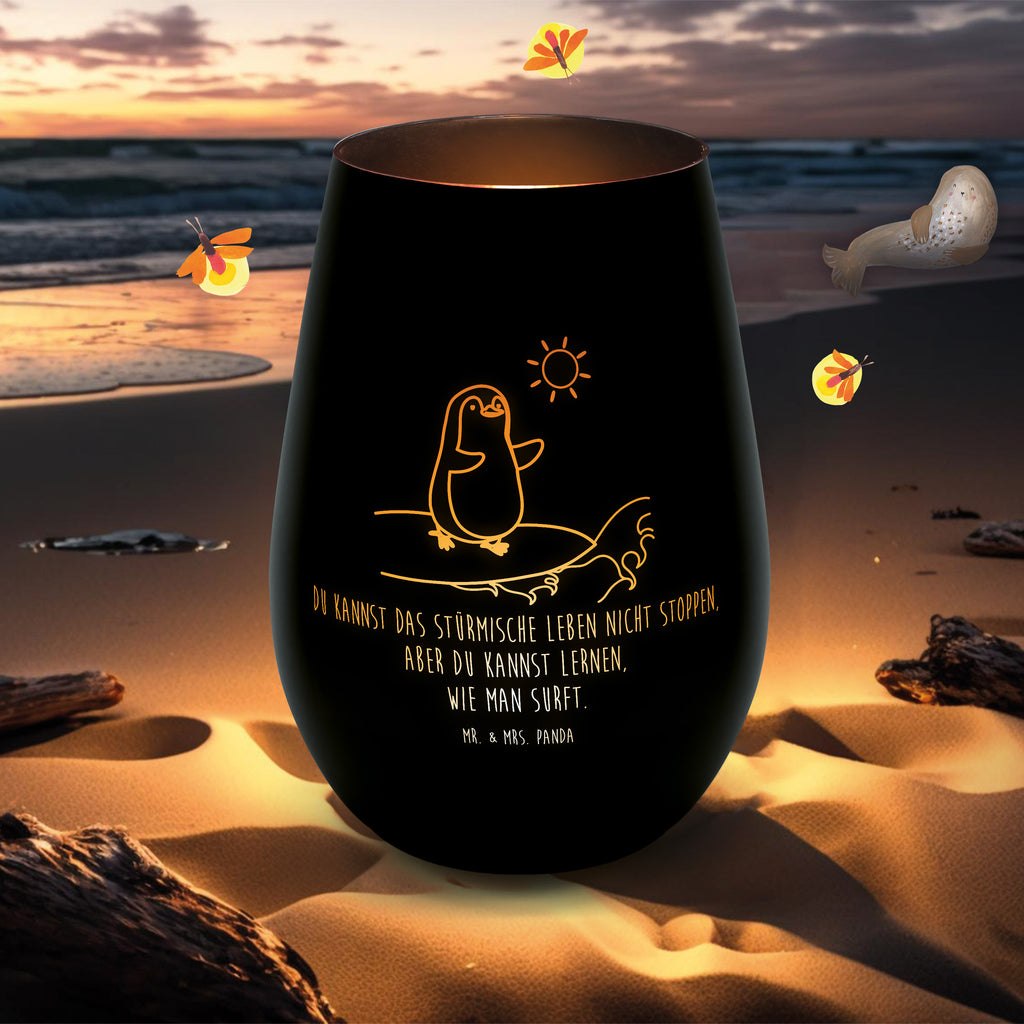 Gold Windlicht Pinguin Surfer Windlicht, Teelicht, Graviertes Windlicht, Windlicht Gravur, Kerze, Windlicht aus Glas, Teelicht aus Glas, Pinguin, Pinguine, surfen, Surfer, Hawaii, Urlaub, Wellen, Wellen reiten, Portugal