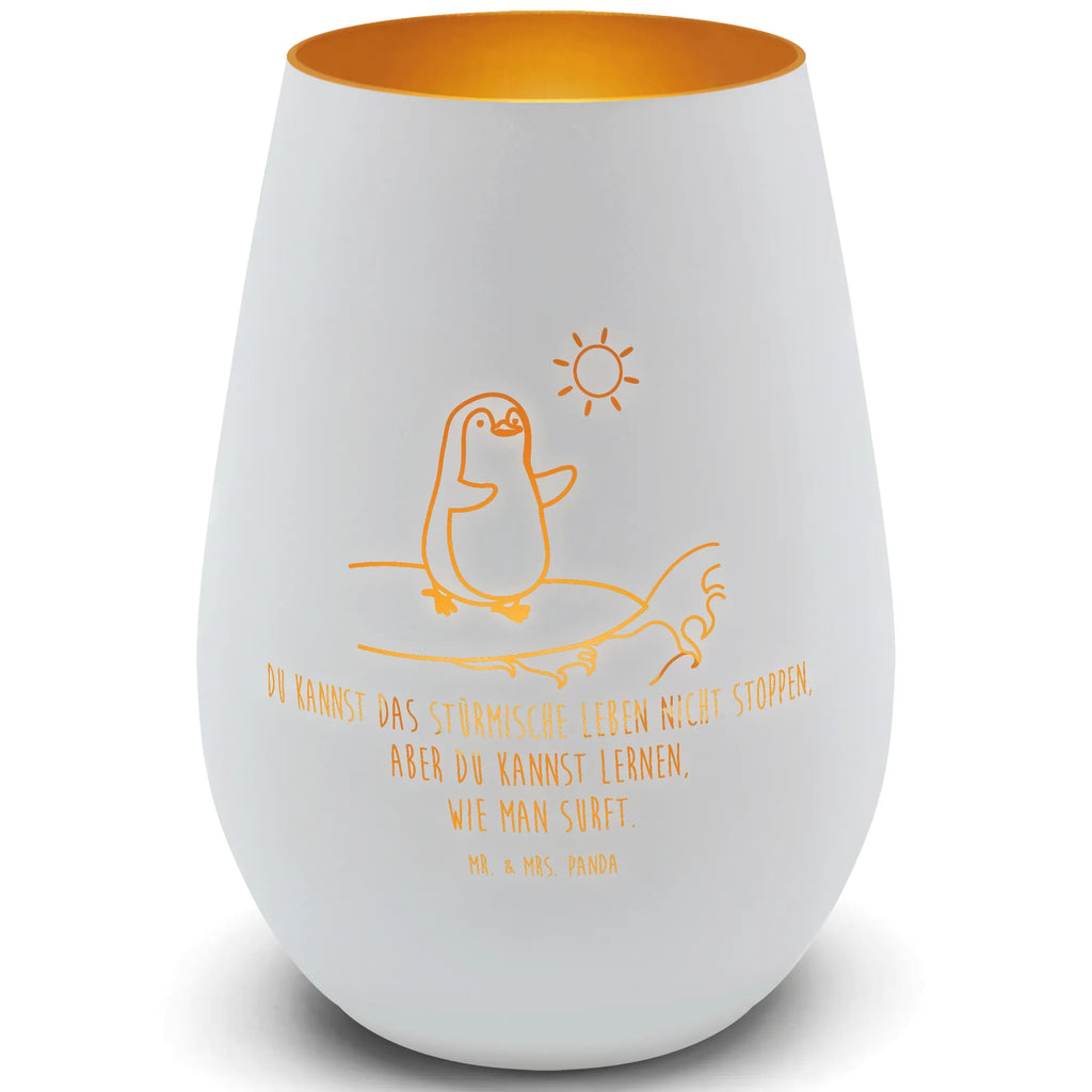 Gold Windlicht Pinguin Surfer Windlicht, Teelicht, Graviertes Windlicht, Windlicht Gravur, Kerze, Windlicht aus Glas, Teelicht aus Glas, Pinguin, Pinguine, surfen, Surfer, Hawaii, Urlaub, Wellen, Wellen reiten, Portugal