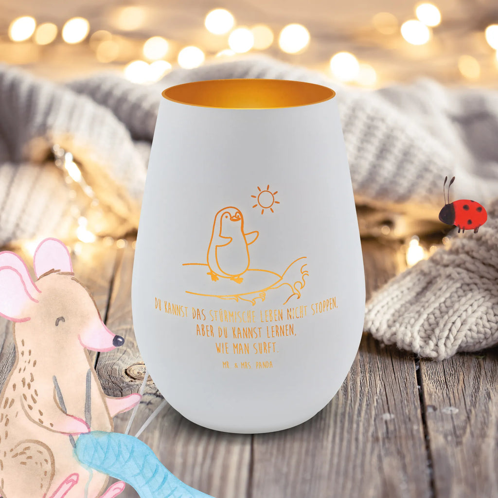 Gold Windlicht Pinguin Surfer Windlicht, Teelicht, Graviertes Windlicht, Windlicht Gravur, Kerze, Windlicht aus Glas, Teelicht aus Glas, Pinguin, Pinguine, surfen, Surfer, Hawaii, Urlaub, Wellen, Wellen reiten, Portugal