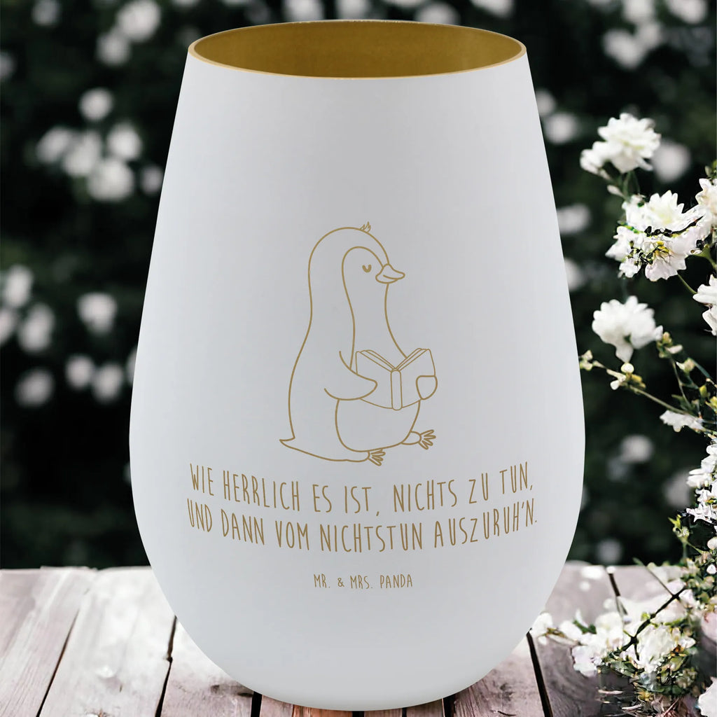 Gold Windlicht Pinguin Buch Windlicht, Teelicht, Graviertes Windlicht, Windlicht Gravur, Kerze, Windlicht aus Glas, Teelicht aus Glas, Pinguin, Pinguine, Buch, Lesen, Bücherwurm, Nichtstun, Faulenzen, Ferien, Urlaub, Freizeit