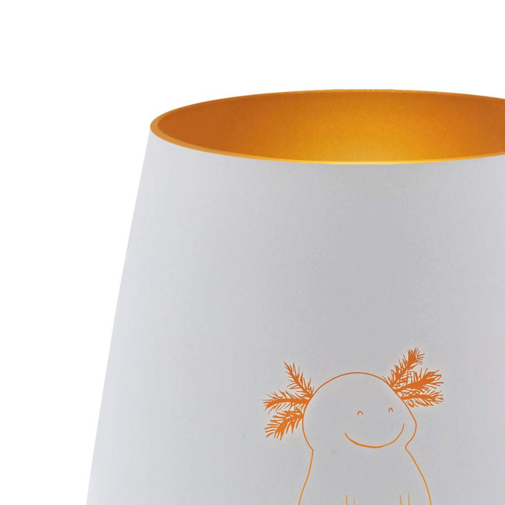 Gold Windlicht Axolotl Glücklich Windlicht, Teelicht, Graviertes Windlicht, Windlicht Gravur, Kerze, Windlicht aus Glas, Teelicht aus Glas, Axolotl, Molch, Axolot, Schwanzlurch, Lurch, Lurche, Motivation, gute Laune