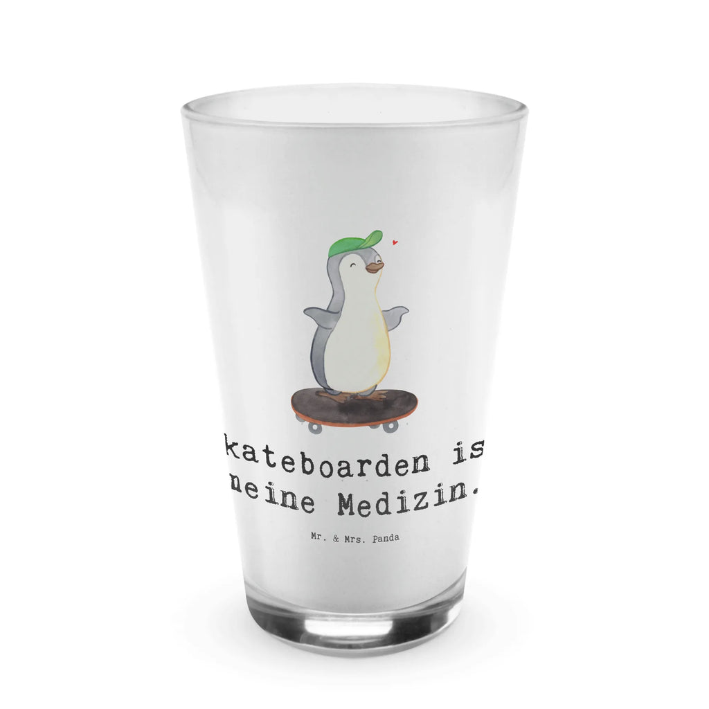 Glas Pinguin Skateboarden Cappuccino Glas, Glas, Cappuccino Tasse, Latte Macchiato, Geschenk, Sport, Sportart, Hobby, Schenken, Danke, Dankeschön, Auszeichnung, Gewinn, Sportler, Skateboarden, Skateboard fahren, Skaten, Skateboard, Skateplatz