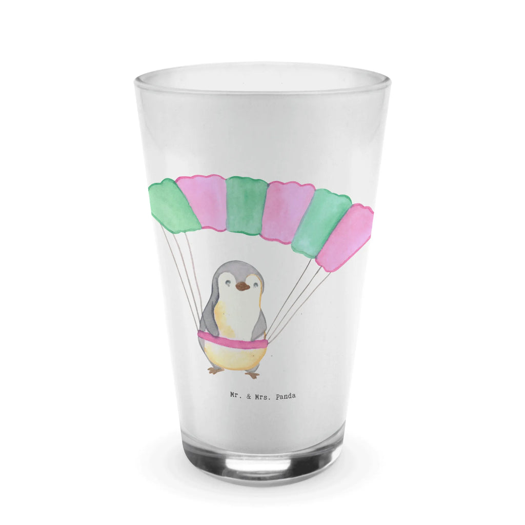 Glas Pinguin Fallschirm springen Cappuccino Glas, Glas, Cappuccino Tasse, Latte Macchiato, Geschenk, Sport, Sportart, Hobby, Schenken, Danke, Dankeschön, Auszeichnung, Gewinn, Sportler, Fallschirmspringen, Skydive, Fallschirmsprung