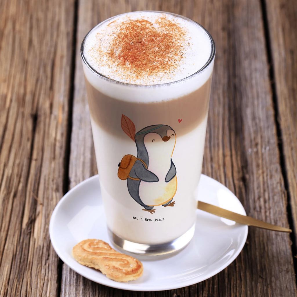 Glas Pinguin Ausflug Cappuccino Glas, Glas, Cappuccino Tasse, Latte Macchiato, Geschenk, Sport, Sportart, Hobby, Schenken, Danke, Dankeschön, Auszeichnung, Gewinn, Sportler, Ausflüge machen, reisen, Ausflug, Ausflugsziele