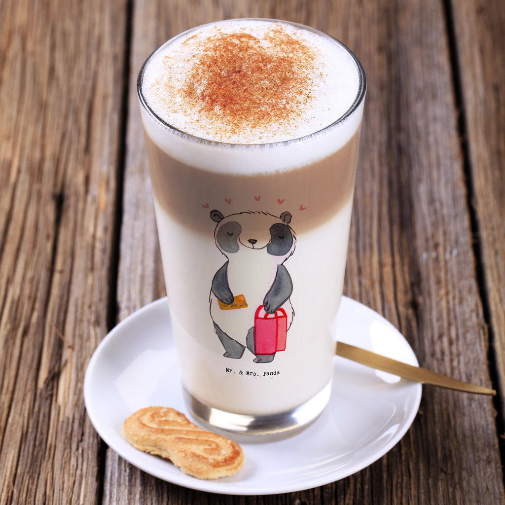 Glas Panda Shopping Cappuccino Glas, Glas, Cappuccino Tasse, Latte Macchiato, Geschenk, Sport, Sportart, Hobby, Schenken, Danke, Dankeschön, Auszeichnung, Gewinn, Sportler, Shopping, shoppen, einkaufen