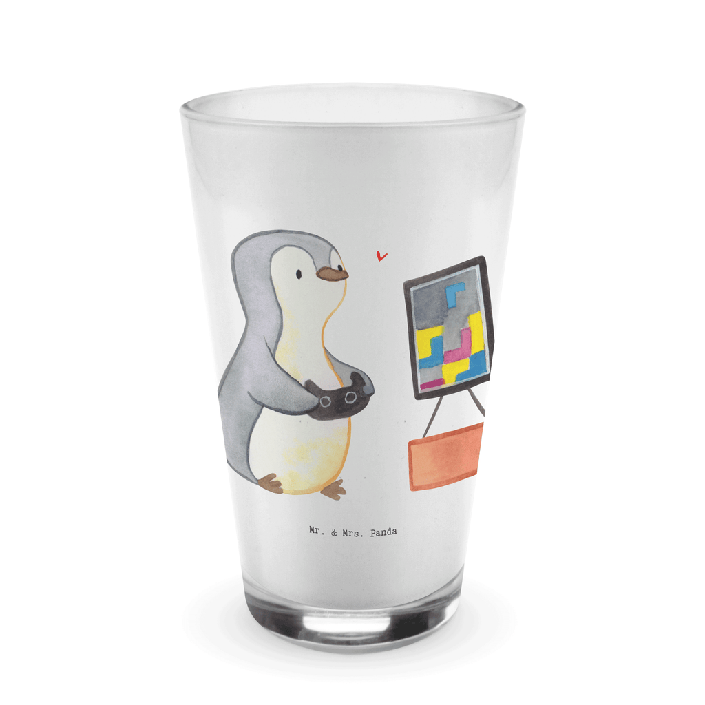 Glas Pinguin Zocken Cappuccino Glas, Glas, Cappuccino Tasse, Latte Macchiato, Geschenk, Sport, Sportart, Hobby, Schenken, Danke, Dankeschön, Auszeichnung, Gewinn, Sportler, Zocken, Gaming, Videospiele, Videogames