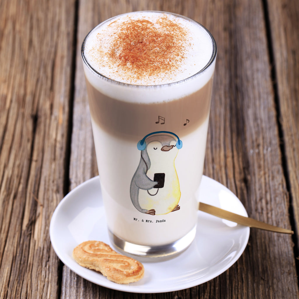 Glas Pinguin Musik hören Cappuccino Glas, Glas, Cappuccino Tasse, Latte Macchiato, Geschenk, Sport, Sportart, Hobby, Schenken, Danke, Dankeschön, Auszeichnung, Gewinn, Sportler, Musik hören, Lieblingssong