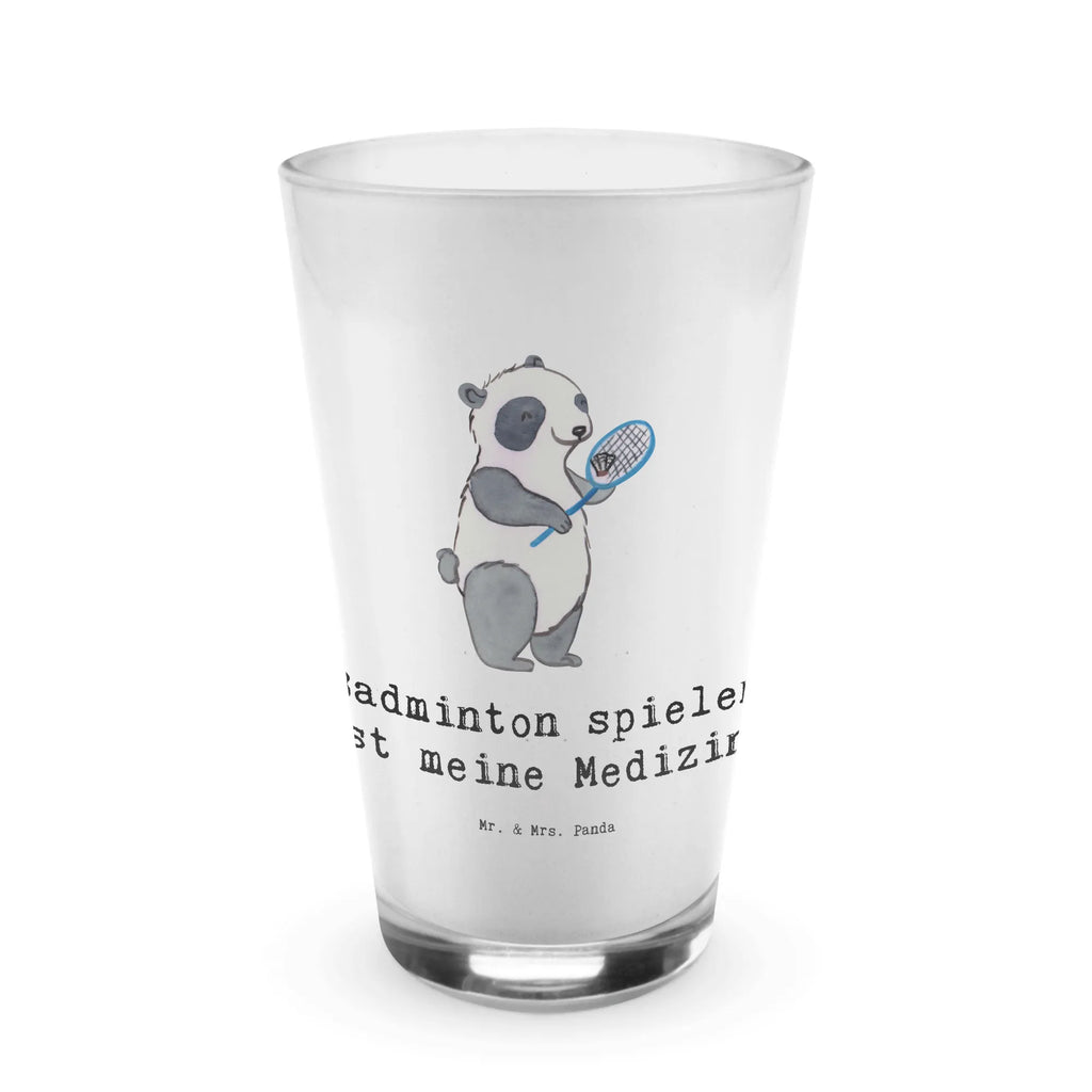 Glas Panda Badminton Cappuccino Glas, Glas, Cappuccino Tasse, Latte Macchiato, Geschenk, Sport, Sportart, Hobby, Schenken, Danke, Dankeschön, Auszeichnung, Gewinn, Sportler, Badminton, Badminton spielen