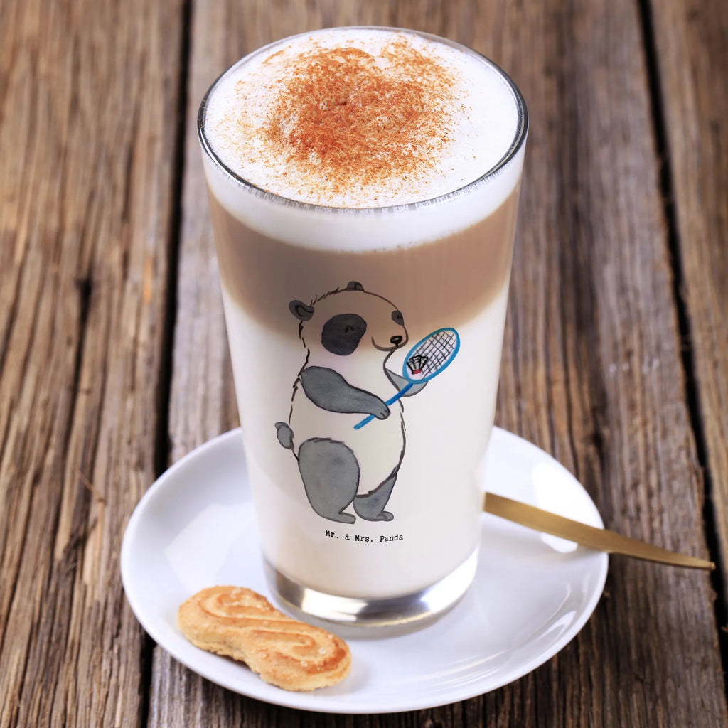 Glas Panda Badminton Cappuccino Glas, Glas, Cappuccino Tasse, Latte Macchiato, Geschenk, Sport, Sportart, Hobby, Schenken, Danke, Dankeschön, Auszeichnung, Gewinn, Sportler, Badminton, Badminton spielen