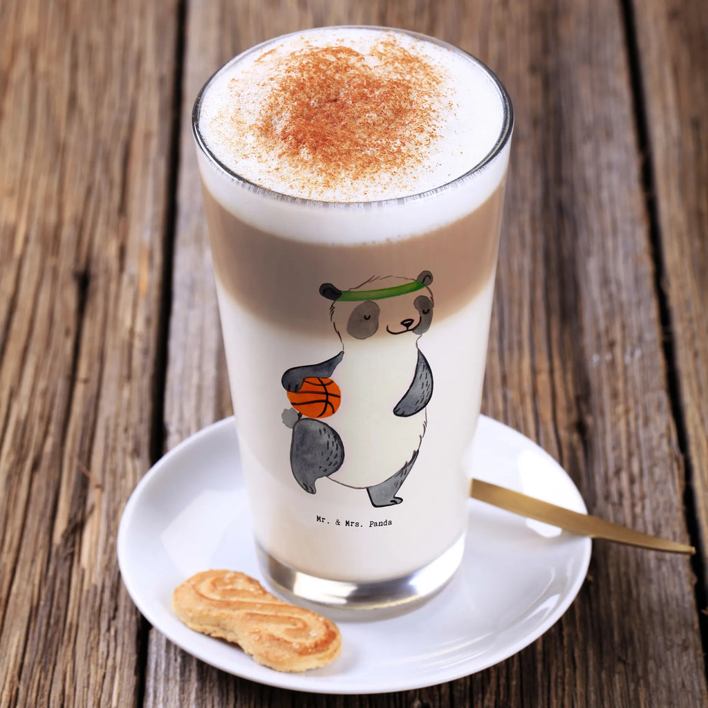 Glas Panda Basketball Cappuccino Glas, Glas, Cappuccino Tasse, Latte Macchiato, Geschenk, Sport, Sportart, Hobby, Schenken, Danke, Dankeschön, Auszeichnung, Gewinn, Sportler, Basketball, Basketball Verein, Basketball Verband, Basketballplatz