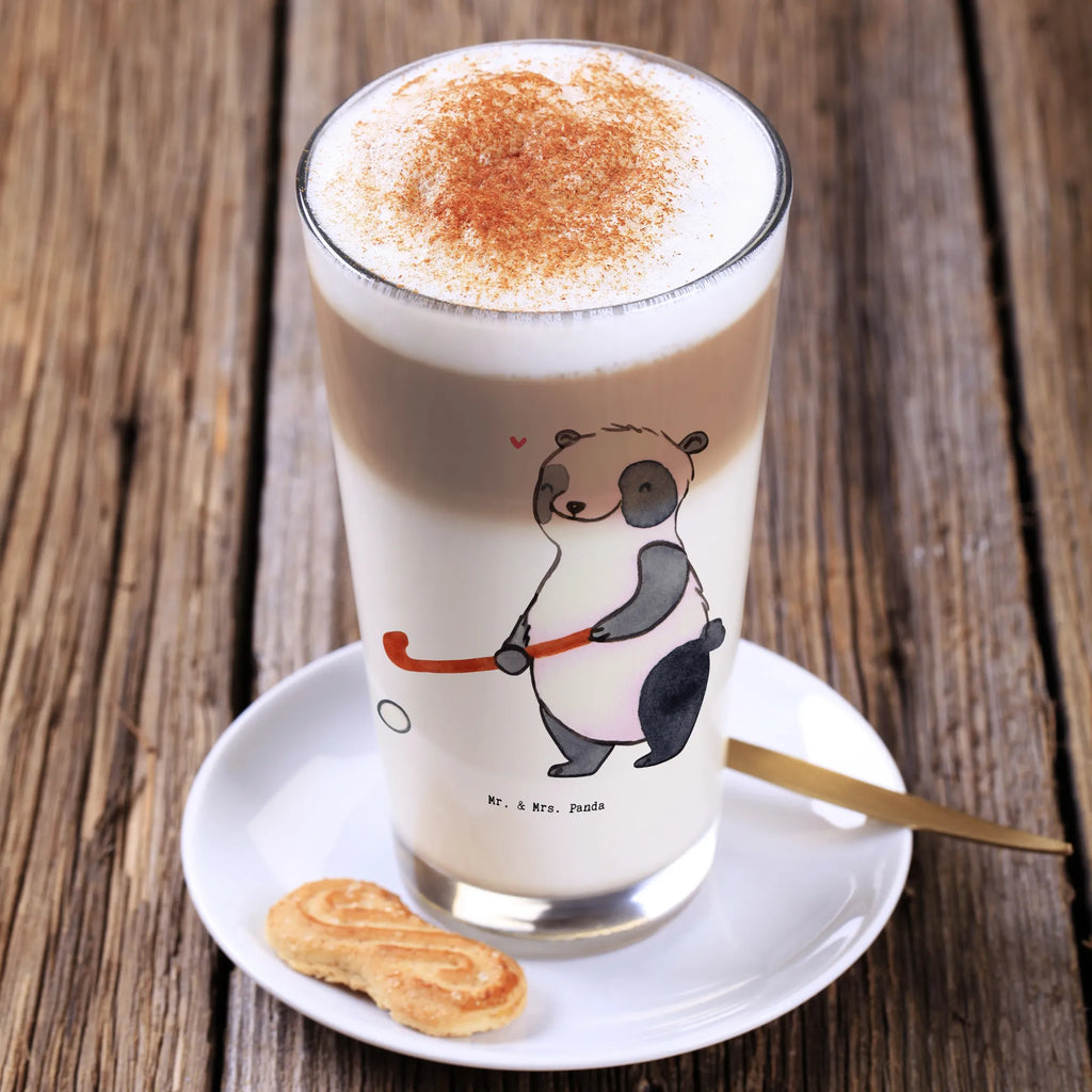 Glas Panda Hockey spielen Cappuccino Glas, Glas, Cappuccino Tasse, Latte Macchiato, Geschenk, Sport, Sportart, Hobby, Schenken, Danke, Dankeschön, Auszeichnung, Gewinn, Sportler, Hockey spielen, Feldhockey, Hockeyschläger, Hockey Verein