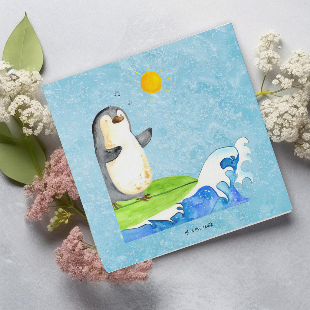 Deluxe Karte Pinguin Surfer Karte, Grußkarte, Klappkarte, Einladungskarte, Glückwunschkarte, Hochzeitskarte, Geburtstagskarte, Hochwertige Grußkarte, Hochwertige Klappkarte, Pinguin, Pinguine, surfen, Surfer, Hawaii, Urlaub, Wellen, Wellen reiten, Portugal
