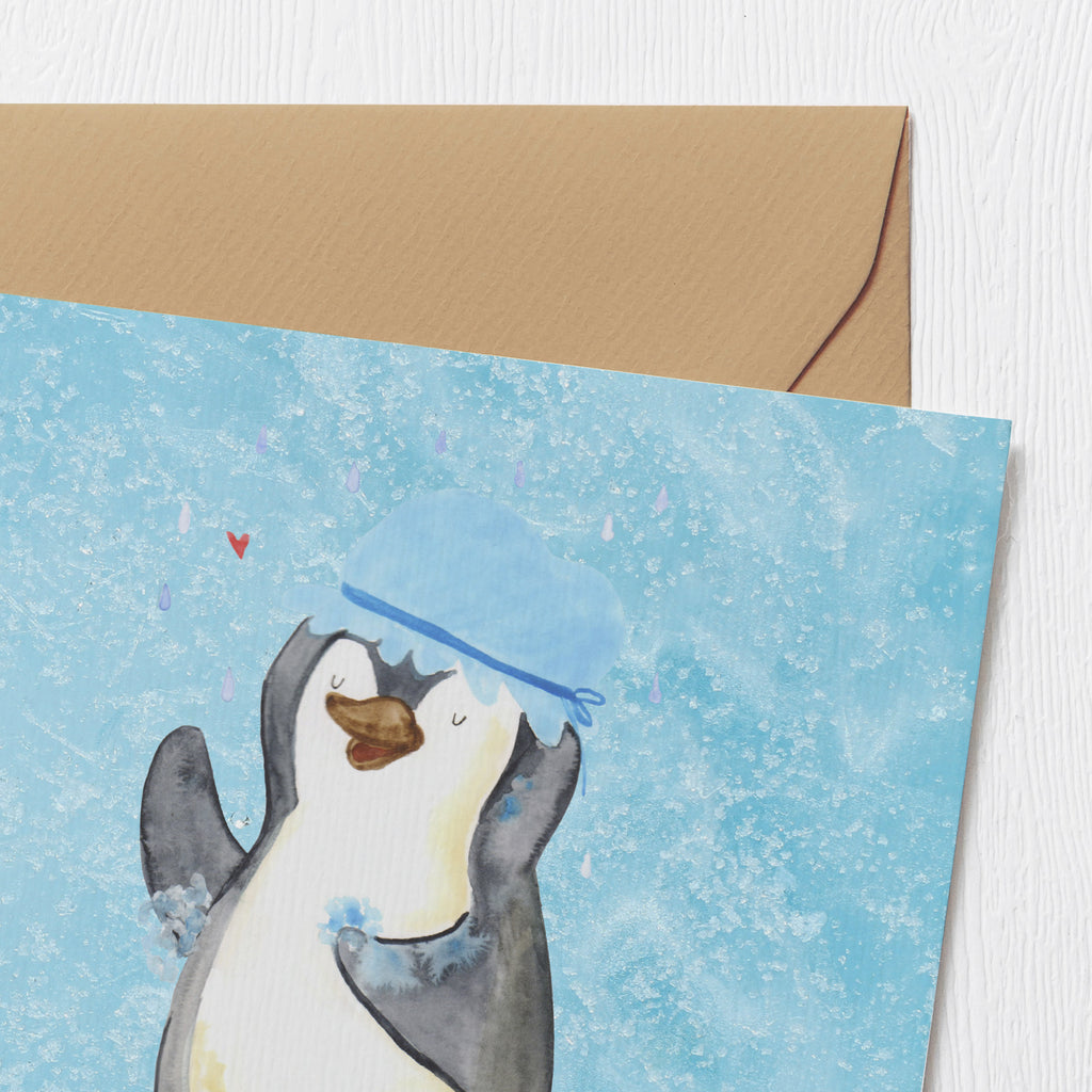 Deluxe Karte Pinguin Duschen Karte, Grußkarte, Klappkarte, Einladungskarte, Glückwunschkarte, Hochzeitskarte, Geburtstagskarte, Hochwertige Grußkarte, Hochwertige Klappkarte, Pinguin, Pinguine, Dusche, duschen, Lebensmotto, Motivation, Neustart, Neuanfang, glücklich sein