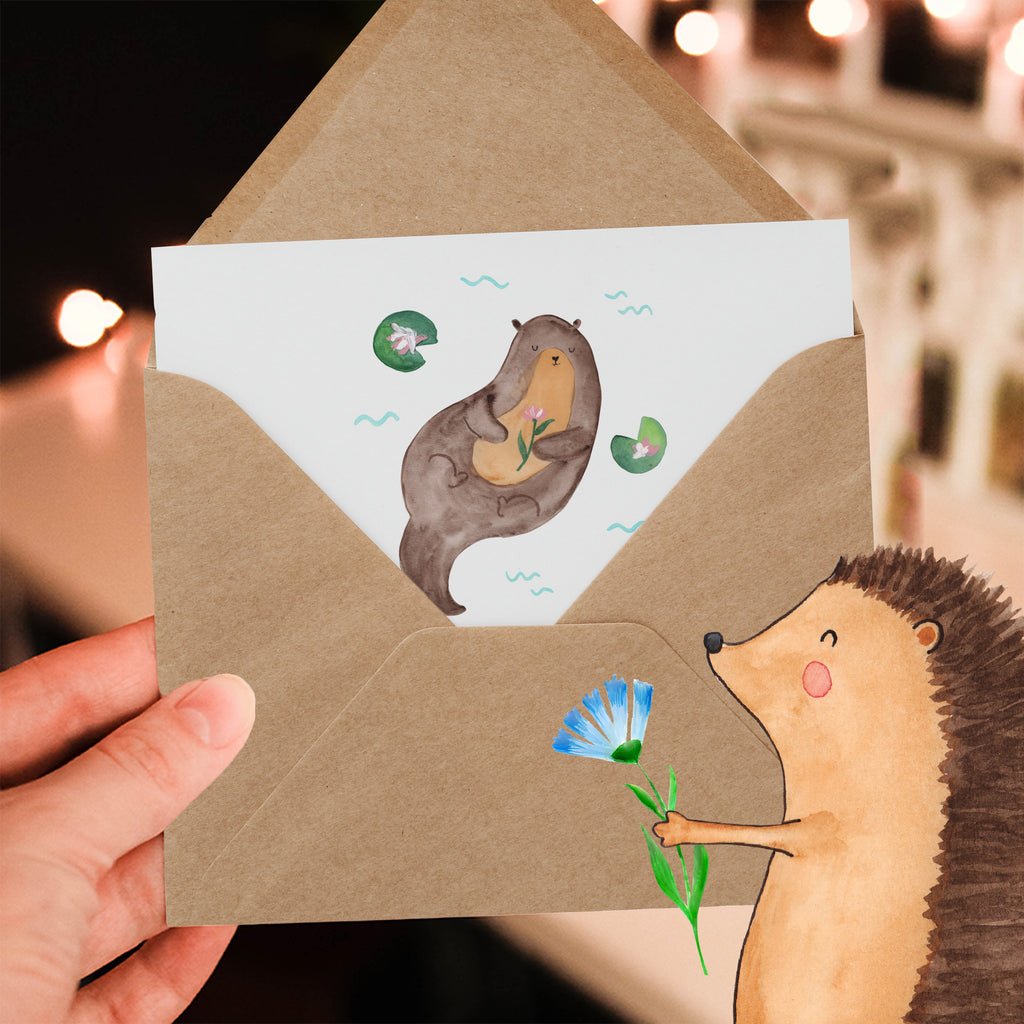 Deluxe Karte Otter Seerose Karte, Grußkarte, Klappkarte, Einladungskarte, Glückwunschkarte, Hochzeitskarte, Geburtstagskarte, Hochwertige Grußkarte, Hochwertige Klappkarte, Otter, Fischotter, Seeotter, Otter Seeotter See Otter