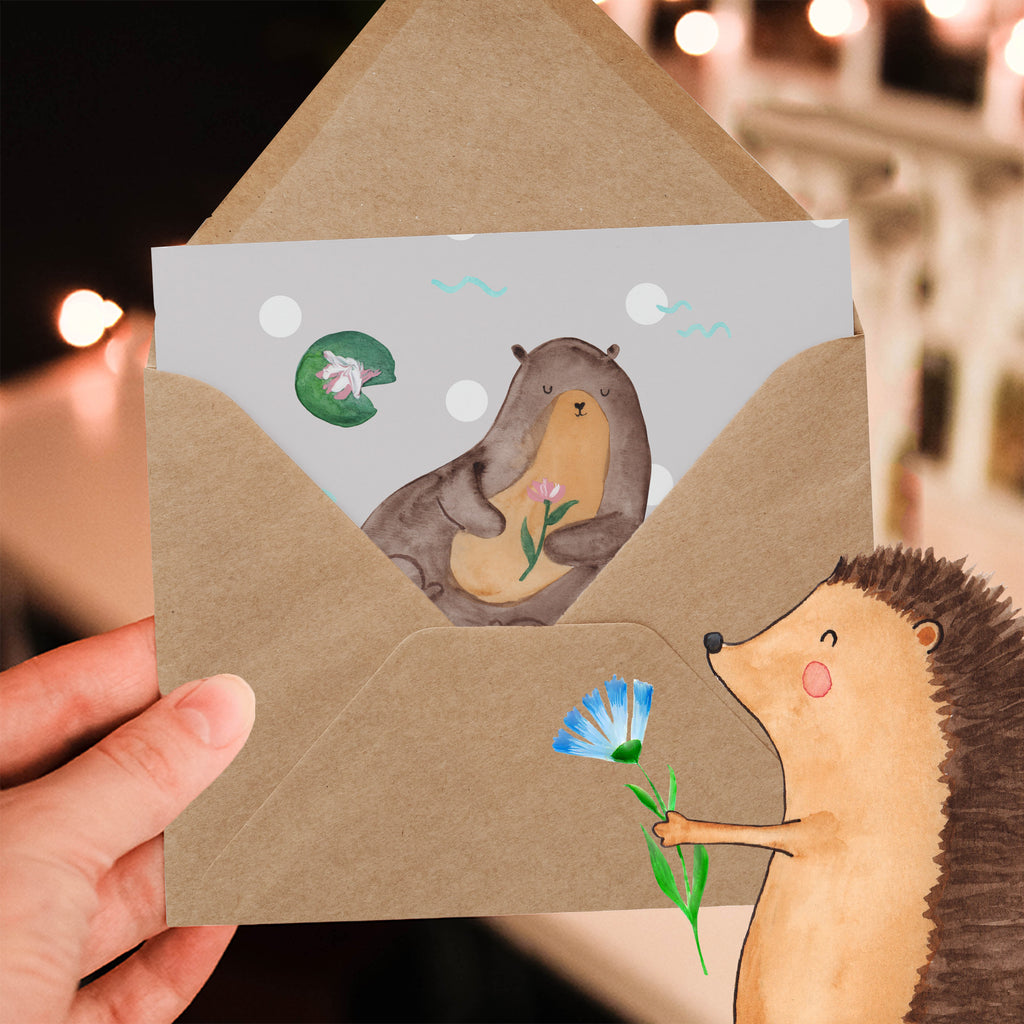 Deluxe Karte Otter Seerose Karte, Grußkarte, Klappkarte, Einladungskarte, Glückwunschkarte, Hochzeitskarte, Geburtstagskarte, Hochwertige Grußkarte, Hochwertige Klappkarte, Otter, Fischotter, Seeotter, Otter Seeotter See Otter