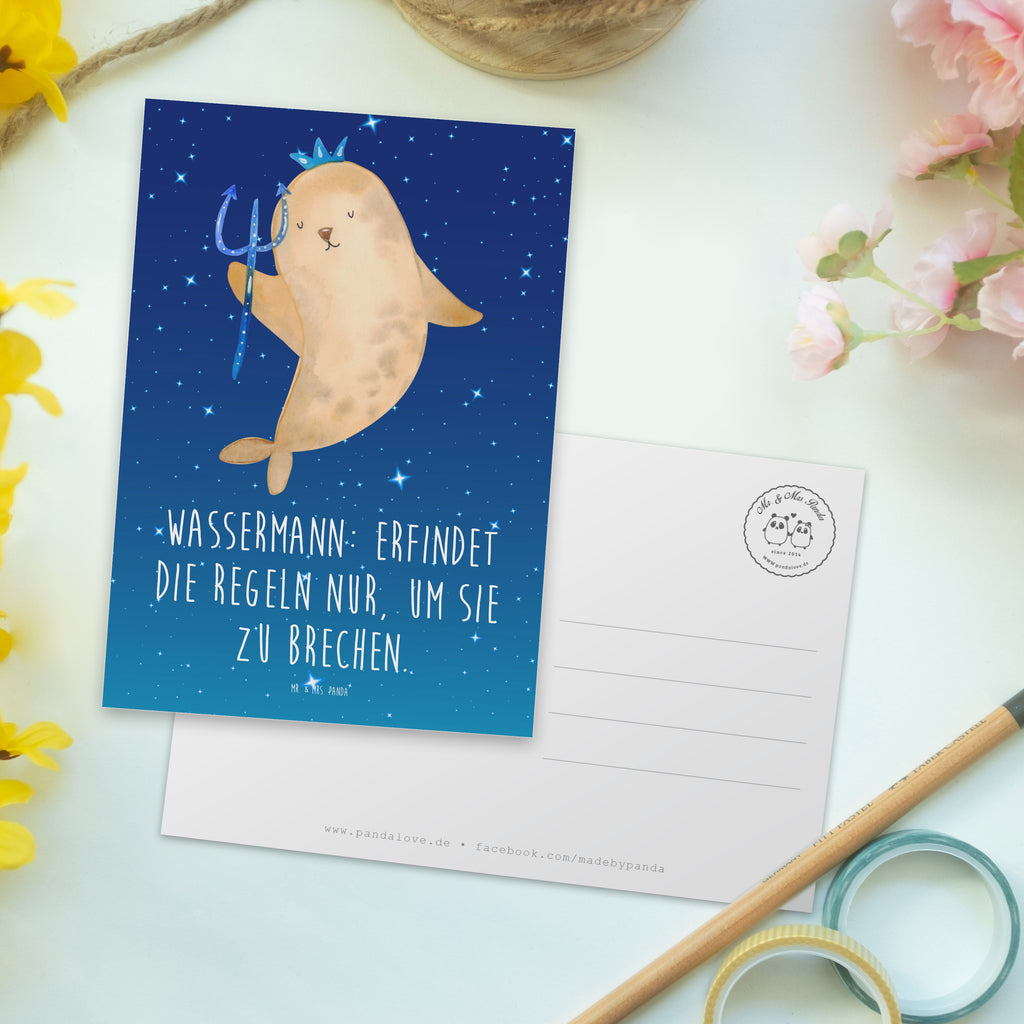 Postkarte Wassermann: Erfindet die Regeln nur, um sie zu brechen. Postkarte, Karte, Geschenkkarte, Grußkarte, Einladung, Ansichtskarte, Geburtstagskarte, Einladungskarte, Dankeskarte, Ansichtskarten, Einladung Geburtstag, Einladungskarten Geburtstag, Tierkreiszeichen, Sternzeichen, Horoskop, Astrologie, Aszendent