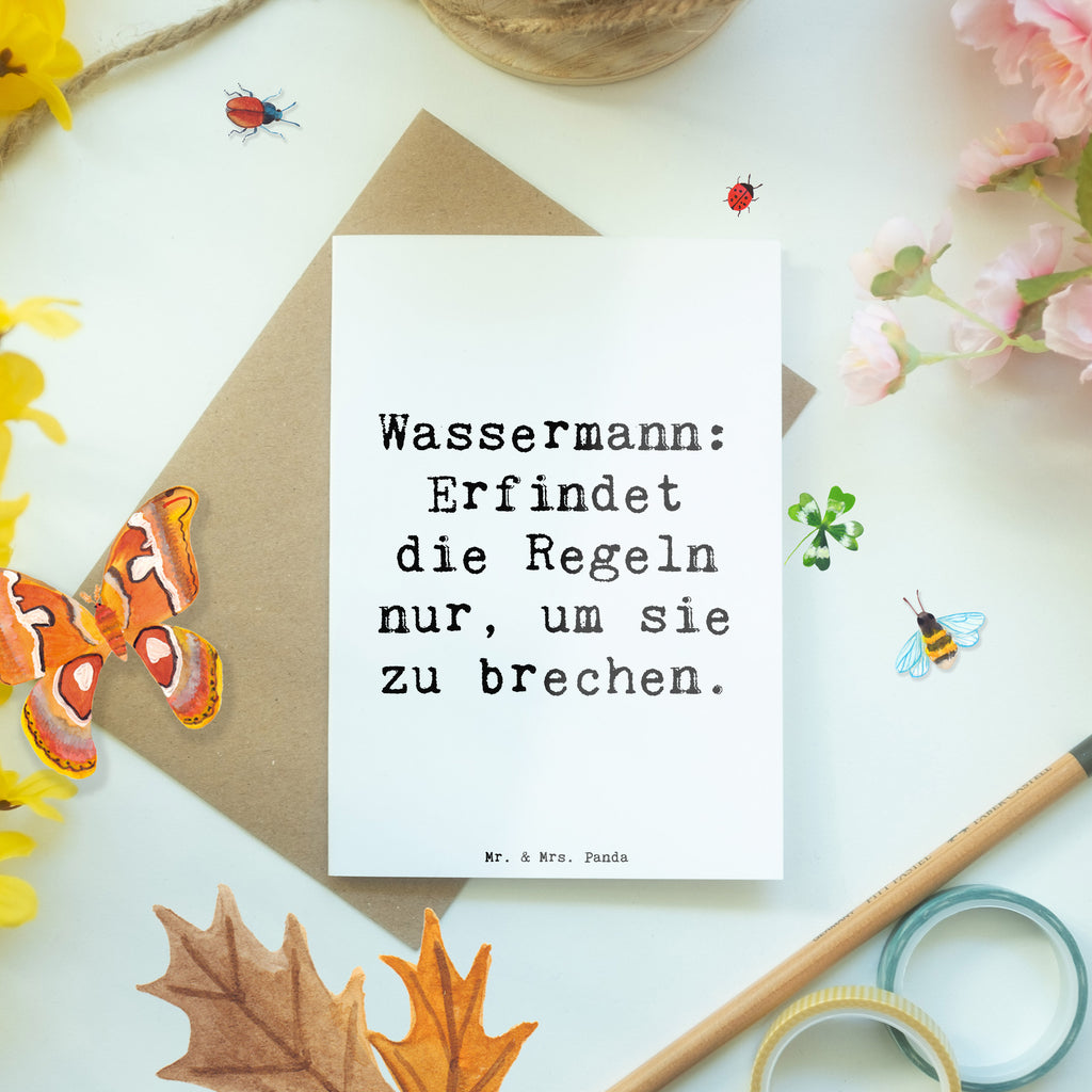 Grußkarte Wassermann: Erfindet die Regeln nur, um sie zu brechen. Grußkarte, Klappkarte, Einladungskarte, Glückwunschkarte, Hochzeitskarte, Geburtstagskarte, Karte, Ansichtskarten, Tierkreiszeichen, Sternzeichen, Horoskop, Astrologie, Aszendent