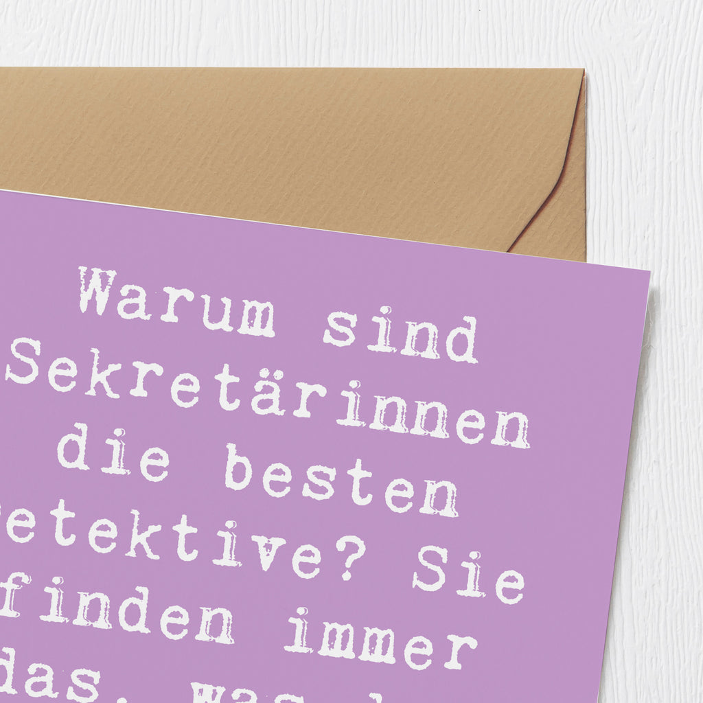 Deluxe Karte Spruch Warum sind Sekretärinnen die besten Detektive? Sie finden immer das, was der Chef verloren hat. Karte, Grußkarte, Klappkarte, Einladungskarte, Glückwunschkarte, Hochzeitskarte, Geburtstagskarte, Hochwertige Grußkarte, Hochwertige Klappkarte, Beruf, Ausbildung, Jubiläum, Abschied, Rente, Kollege, Kollegin, Geschenk, Schenken, Arbeitskollege, Mitarbeiter, Firma, Danke, Dankeschön