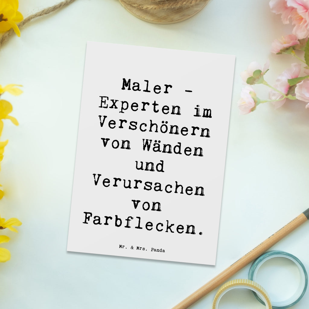 Postkarte Spruch Maler - Experten im Verschönern von Wänden und Verursachen von Farbflecken. Postkarte, Karte, Geschenkkarte, Grußkarte, Einladung, Ansichtskarte, Geburtstagskarte, Einladungskarte, Dankeskarte, Ansichtskarten, Einladung Geburtstag, Einladungskarten Geburtstag, Beruf, Ausbildung, Jubiläum, Abschied, Rente, Kollege, Kollegin, Geschenk, Schenken, Arbeitskollege, Mitarbeiter, Firma, Danke, Dankeschön