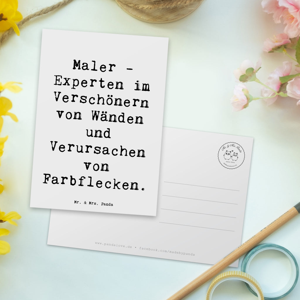 Postkarte Spruch Maler - Experten im Verschönern von Wänden und Verursachen von Farbflecken. Postkarte, Karte, Geschenkkarte, Grußkarte, Einladung, Ansichtskarte, Geburtstagskarte, Einladungskarte, Dankeskarte, Ansichtskarten, Einladung Geburtstag, Einladungskarten Geburtstag, Beruf, Ausbildung, Jubiläum, Abschied, Rente, Kollege, Kollegin, Geschenk, Schenken, Arbeitskollege, Mitarbeiter, Firma, Danke, Dankeschön