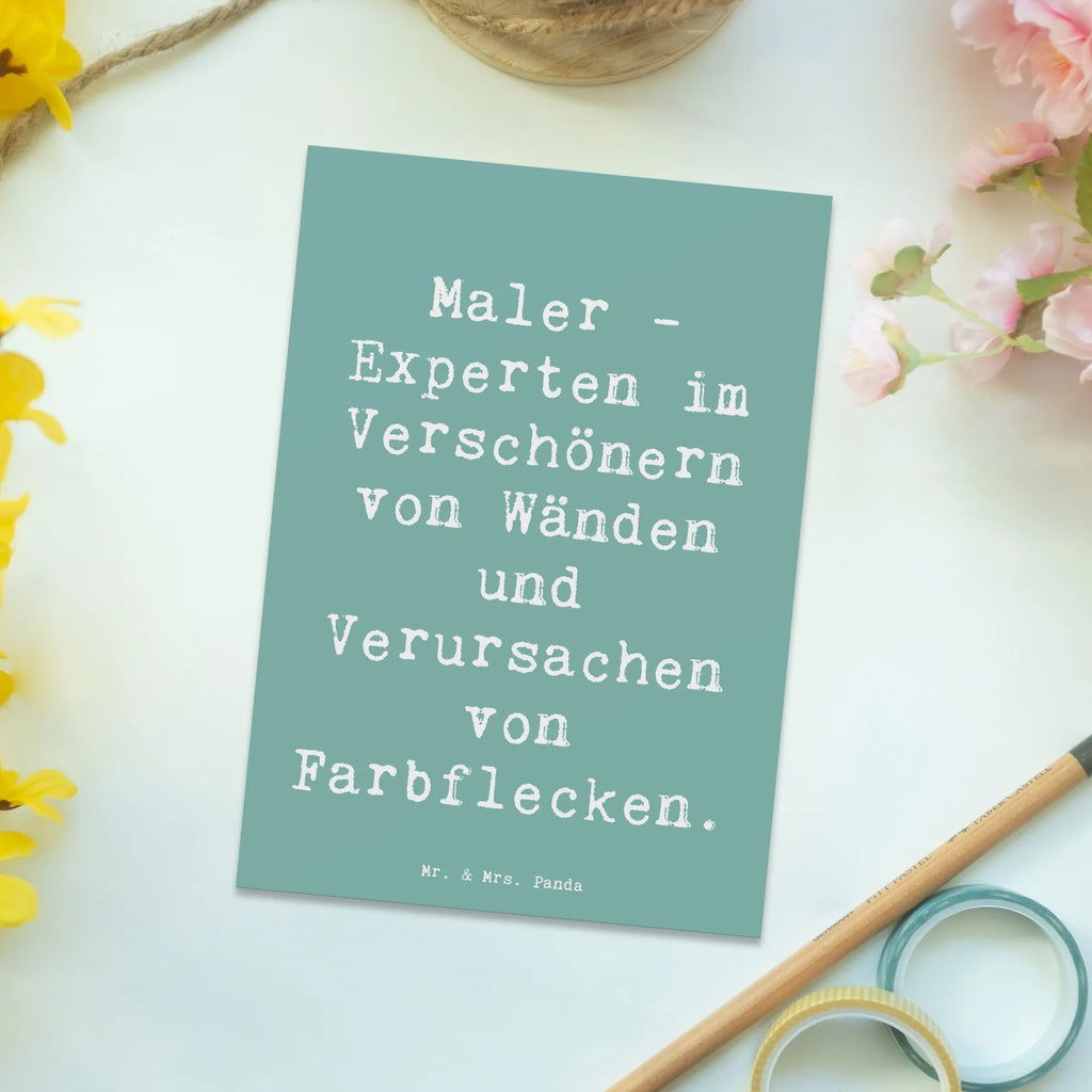 Postkarte Spruch Maler - Experten im Verschönern von Wänden und Verursachen von Farbflecken. Postkarte, Karte, Geschenkkarte, Grußkarte, Einladung, Ansichtskarte, Geburtstagskarte, Einladungskarte, Dankeskarte, Ansichtskarten, Einladung Geburtstag, Einladungskarten Geburtstag, Beruf, Ausbildung, Jubiläum, Abschied, Rente, Kollege, Kollegin, Geschenk, Schenken, Arbeitskollege, Mitarbeiter, Firma, Danke, Dankeschön