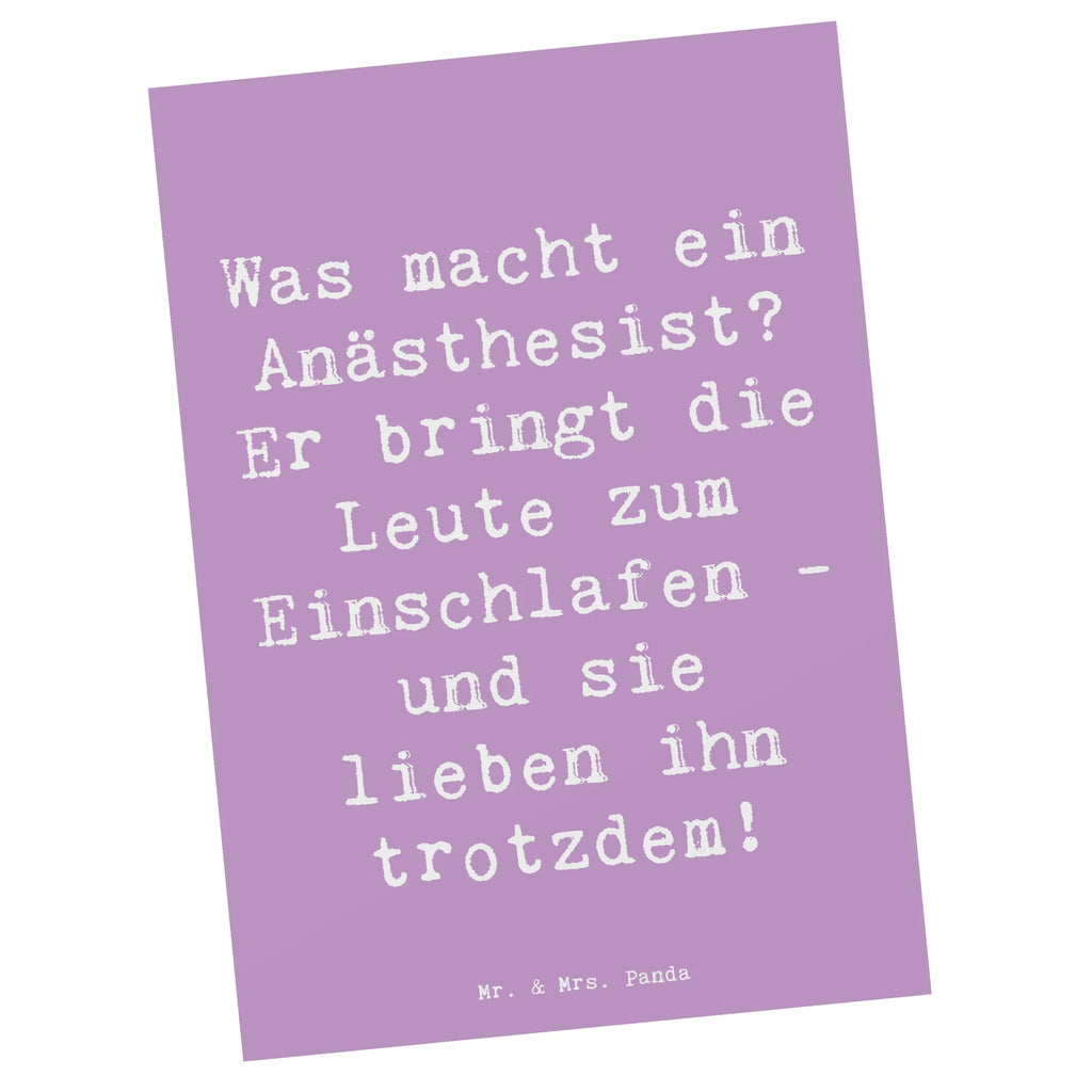 Postkarte Spruch Was macht ein Anästhesist? Er bringt die Leute zum Einschlafen - und sie lieben ihn trotzdem! Postkarte, Karte, Geschenkkarte, Grußkarte, Einladung, Ansichtskarte, Geburtstagskarte, Einladungskarte, Dankeskarte, Ansichtskarten, Einladung Geburtstag, Einladungskarten Geburtstag, Beruf, Ausbildung, Jubiläum, Abschied, Rente, Kollege, Kollegin, Geschenk, Schenken, Arbeitskollege, Mitarbeiter, Firma, Danke, Dankeschön