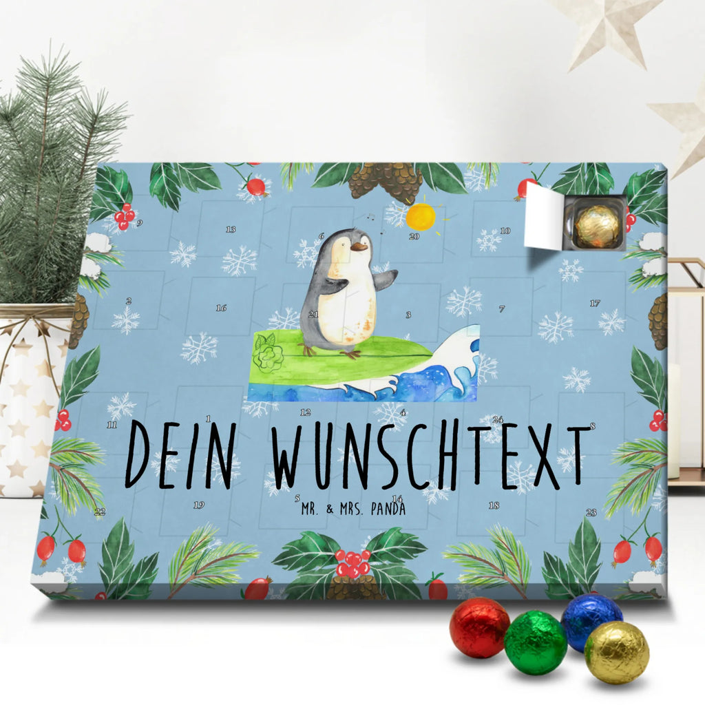 Personalisierter Schoko Adventskalender Pinguin Surfer Personalisierter Adventskalender, Adventskalender mit Namen, Pinguin, Pinguine, surfen, Surfer, Hawaii, Urlaub, Wellen, Wellen reiten, Portugal