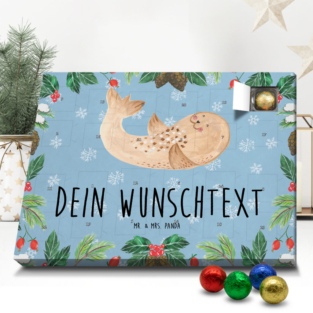 Personalisierter Schoko Adventskalender Robbe Liegen Personalisierter Adventskalender, Adventskalender mit Namen, Tiermotive, Gute Laune, lustige Sprüche, Tiere, Robbe, Robben, Seehund, Strand, Meerestier, Ostsee, Nordsee, Lachen, Freude