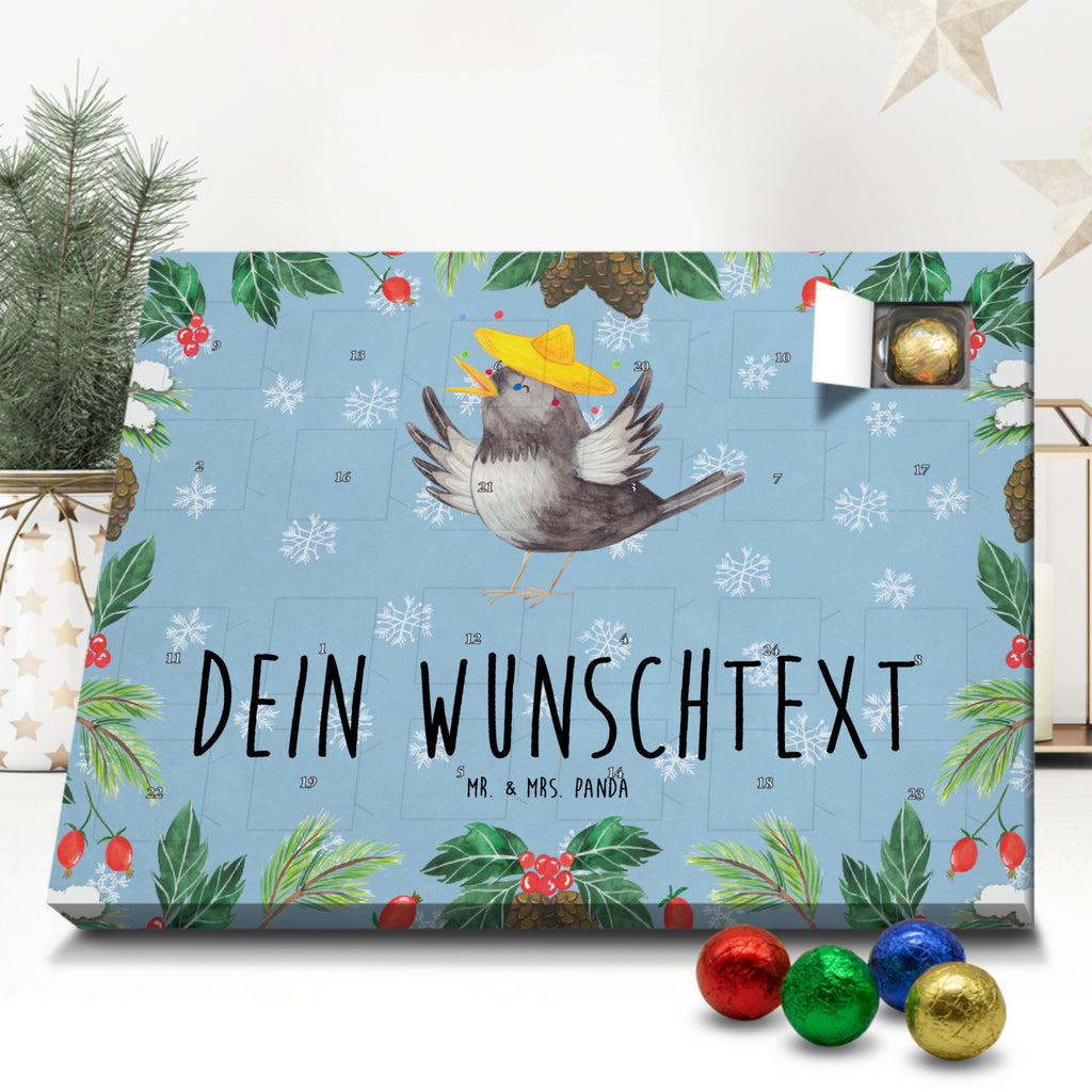 Personalisierter Schoko Adventskalender Rabe Sombrero Personalisierter Adventskalender, Adventskalender mit Namen, Tiermotive, Gute Laune, lustige Sprüche, Tiere, Rabe, Vogel, Vögel, Spruch positiv, fröhlich sein, glücklich sein, Glück Spruch, froh, Elster, Motivation